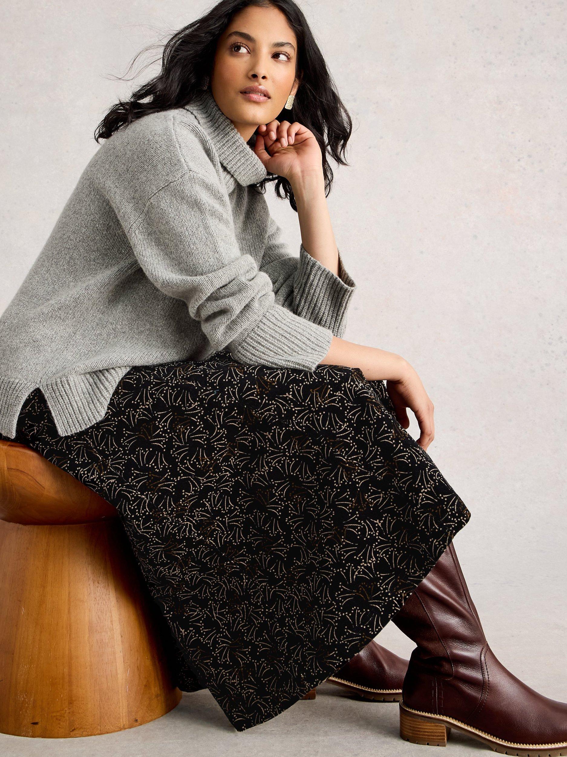 Product image 4 of 6, which shows White Stuff Quinn Corduroy Midi Skirt, Black/Multi, 6