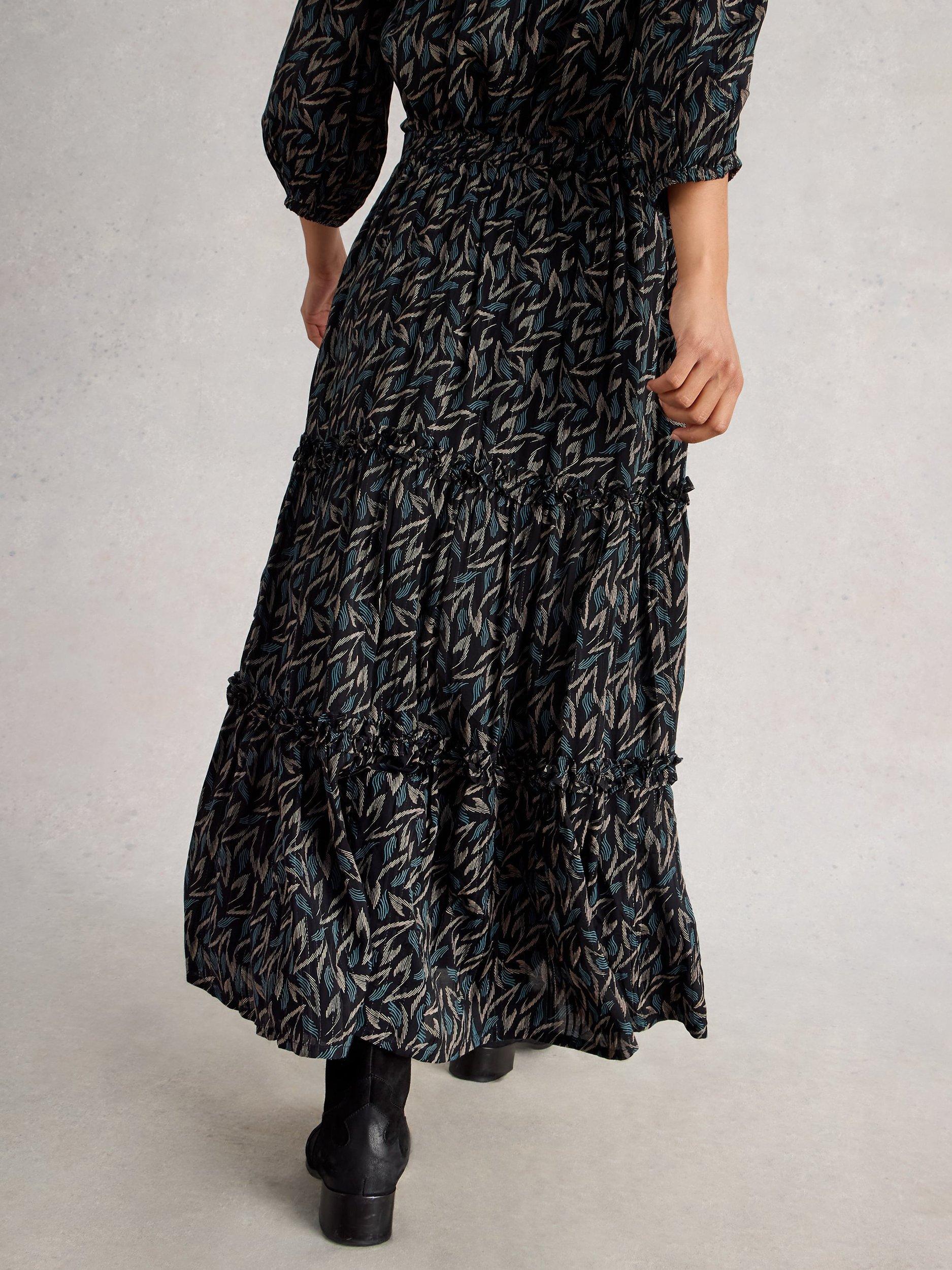 Product image 2 of 6, which shows White Stuff Remi Metallic Tiered A-Line Midi Skirt , Black/Multi, 6