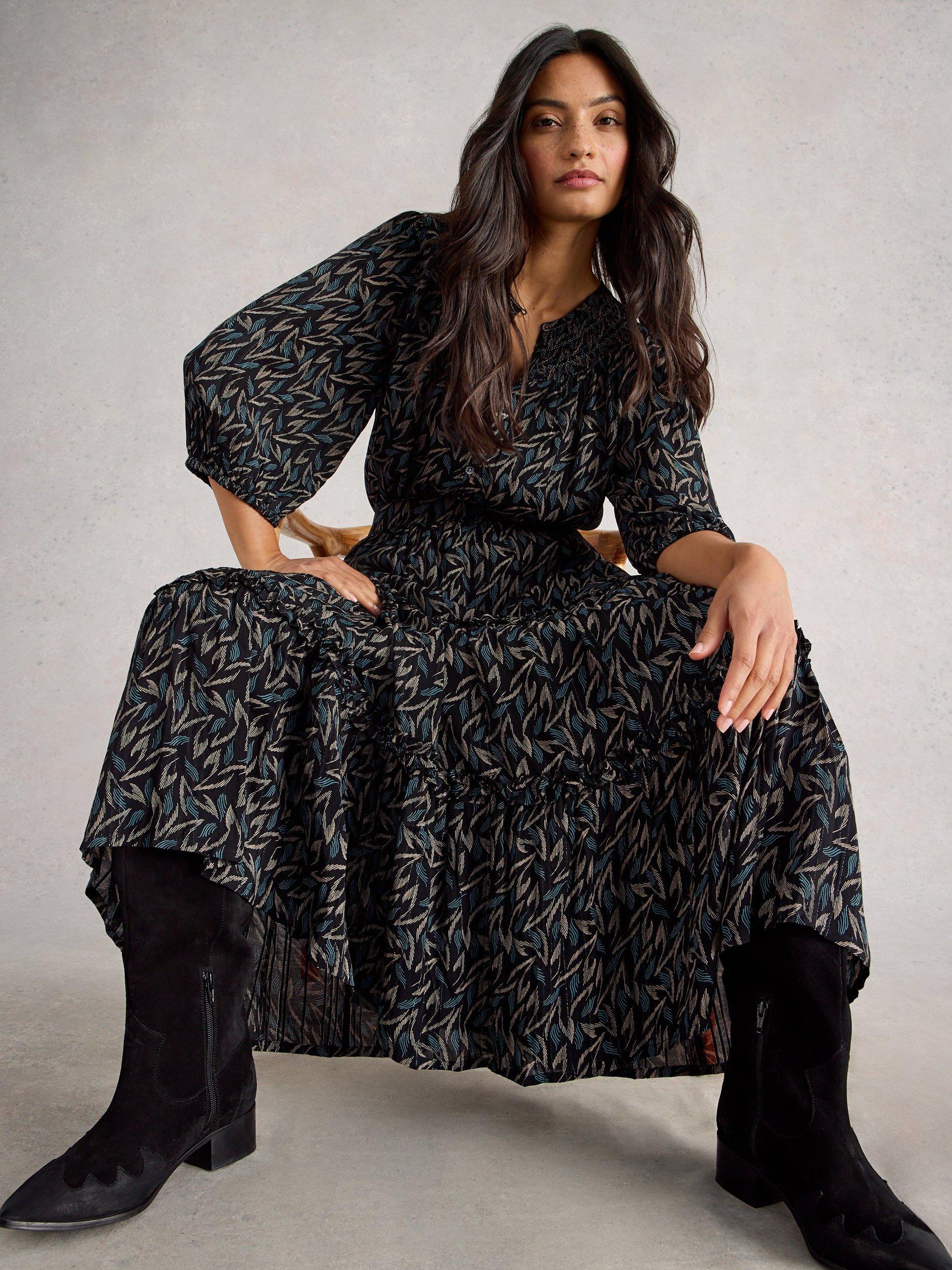 Product image 3 of 6, which shows White Stuff Remi Metallic Tiered A-Line Midi Skirt , Black/Multi, 6