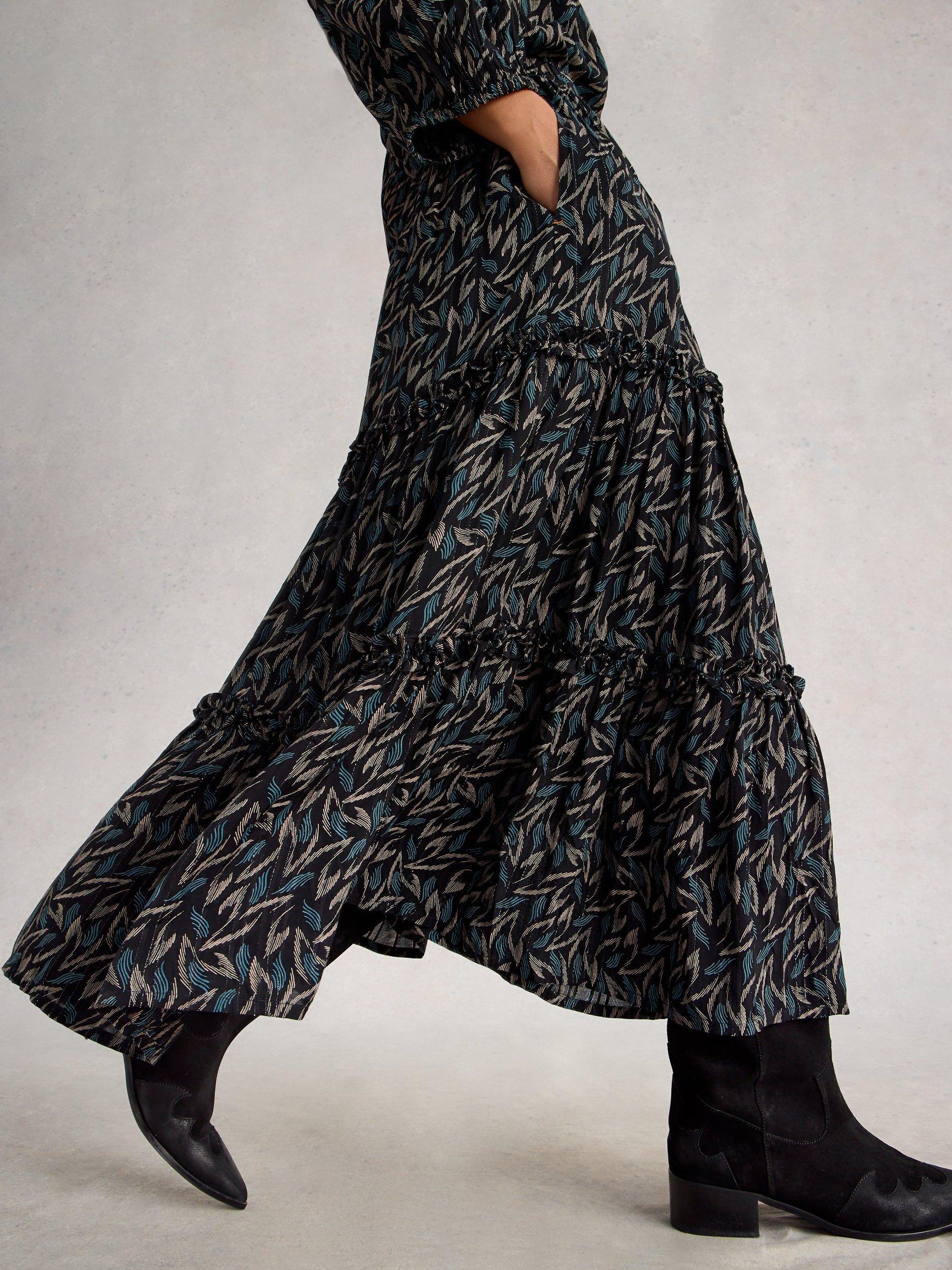 Product image 4 of 6, which shows White Stuff Remi Metallic Tiered A-Line Midi Skirt , Black/Multi, 6