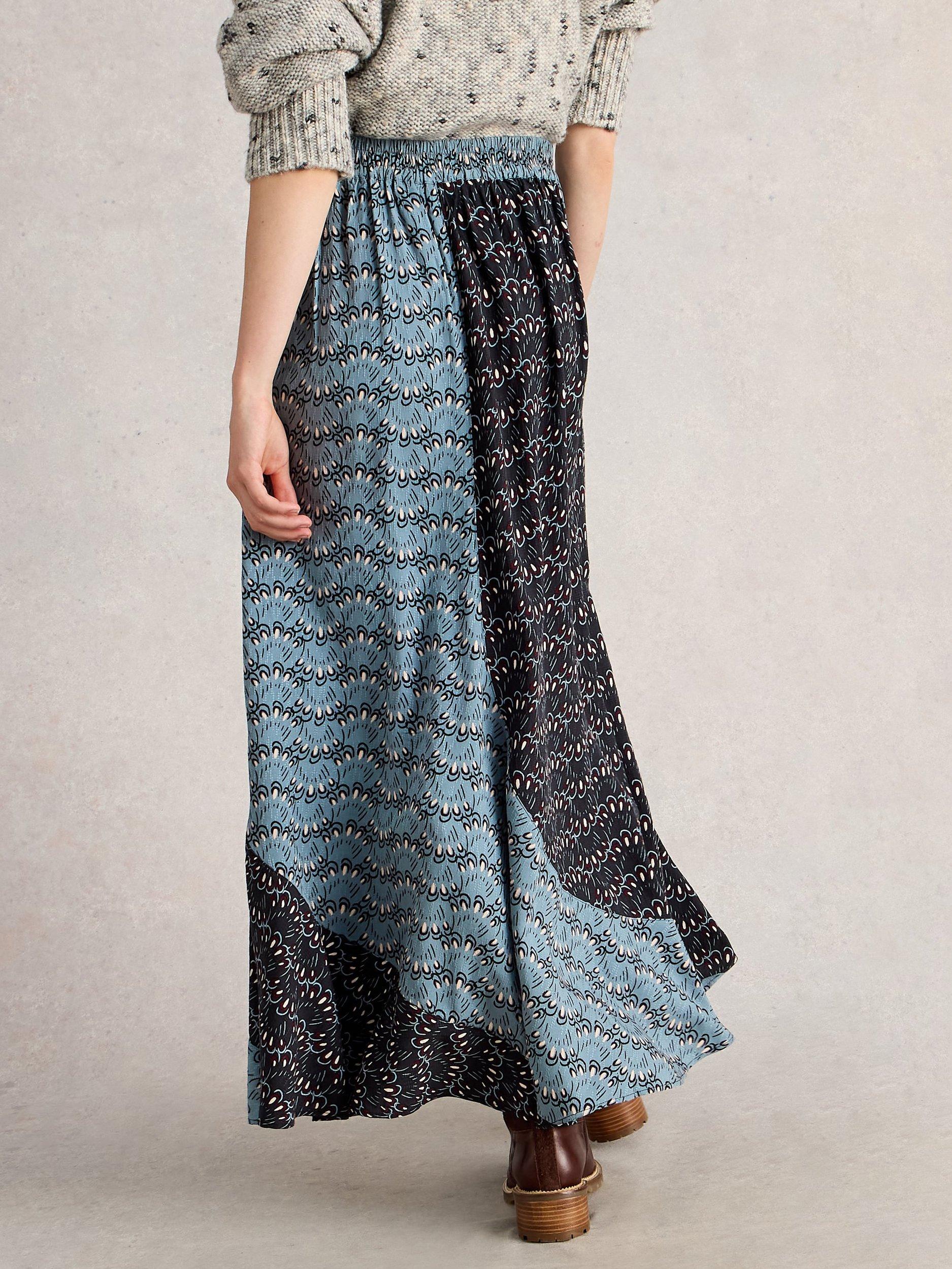 Product image 2 of 6, which shows White Stuff Sara Geometric Print Bias Cut Maxi Skirt, Blue/Multi, 6