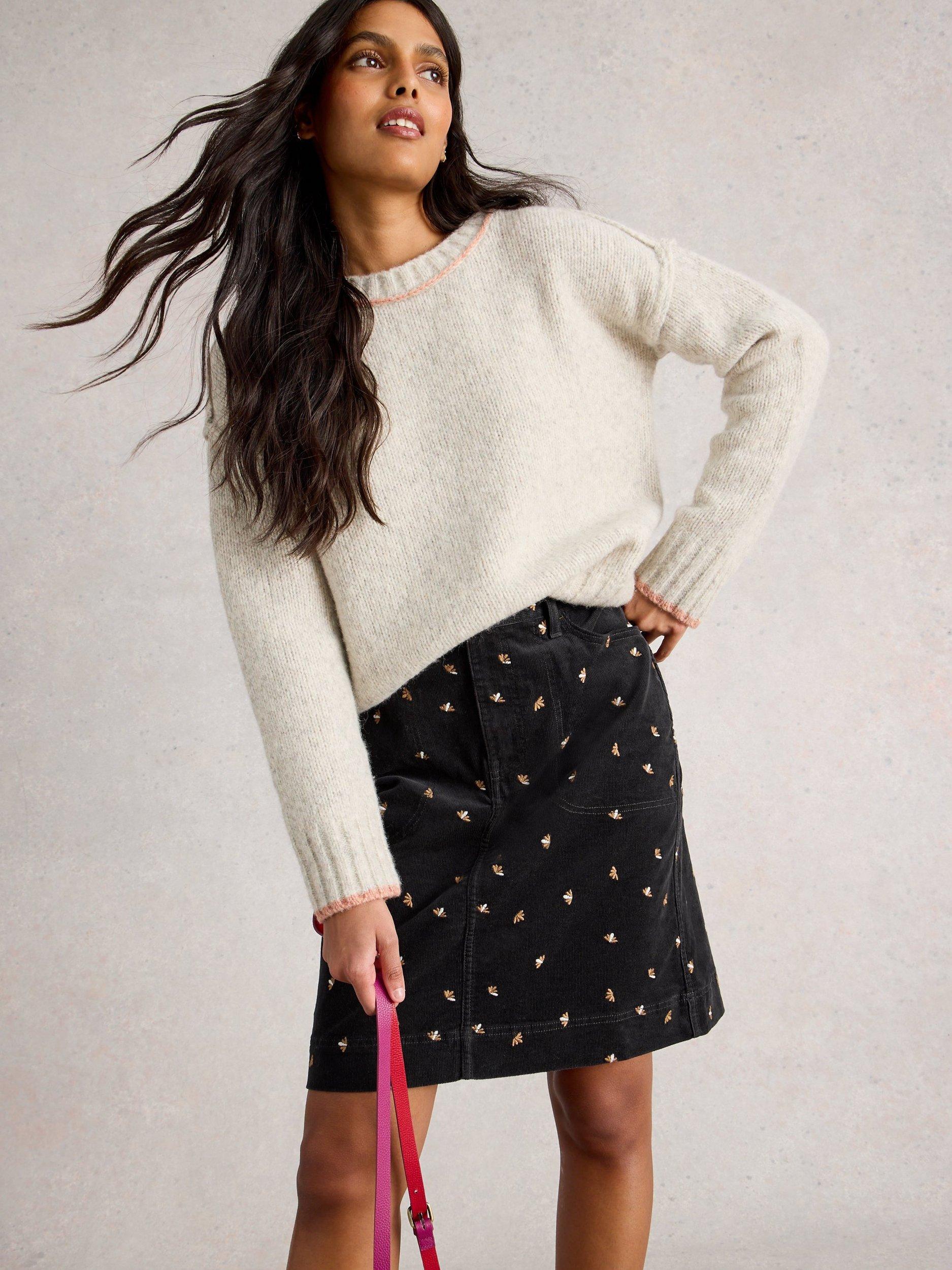 Product image 4 of 6, which shows White Stuff Tia Embroidered Cotton Blend Mini Skirt, Grey/Multi, 8