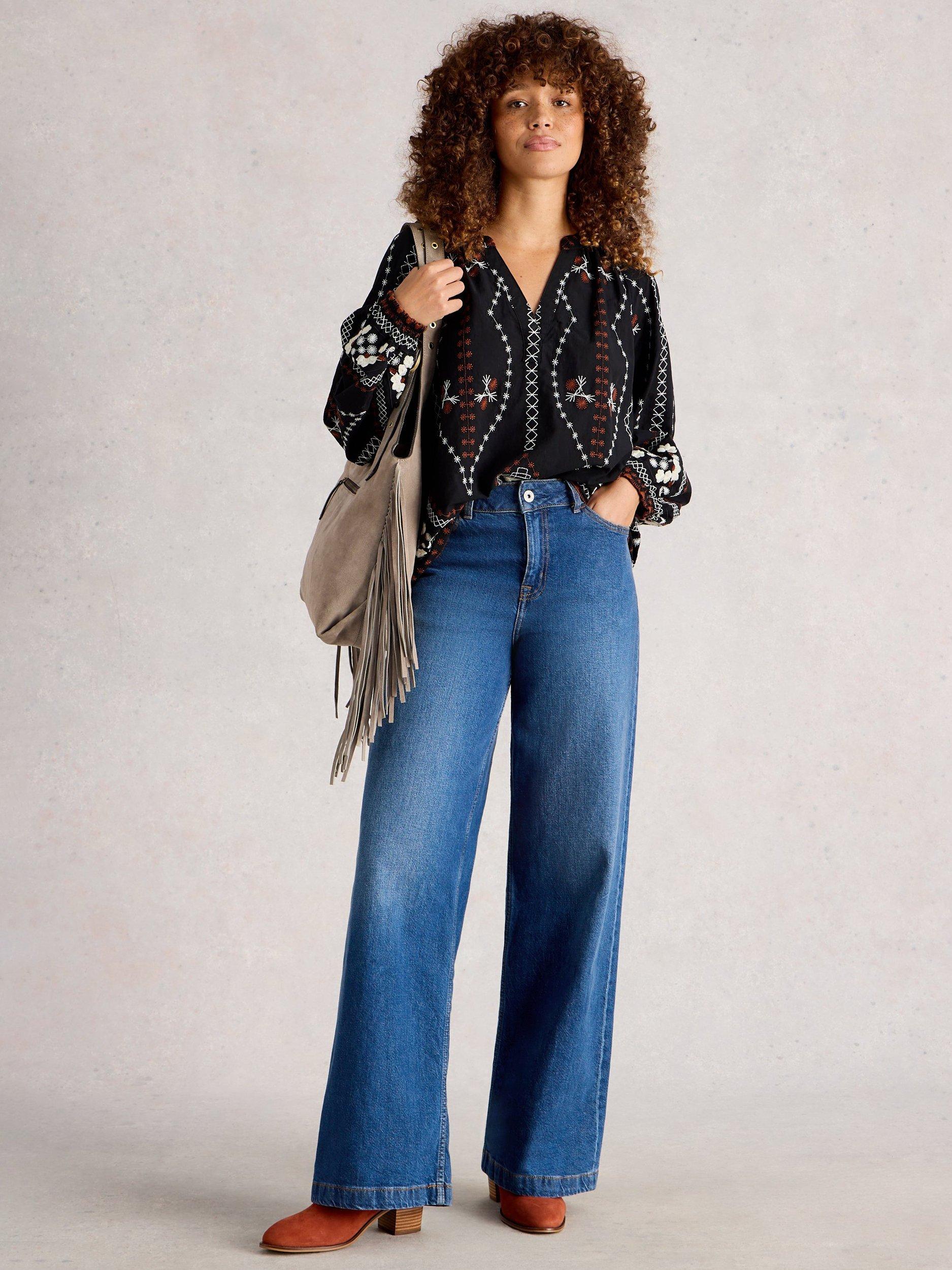 Product image 1 of 6, which shows White Stuff Aurora Embroidered Organic Cotton Blouse, Black/Multi, 6