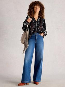 White Stuff Aurora Embroidered Organic Cotton Blouse, Black/Multi, Black/Multi