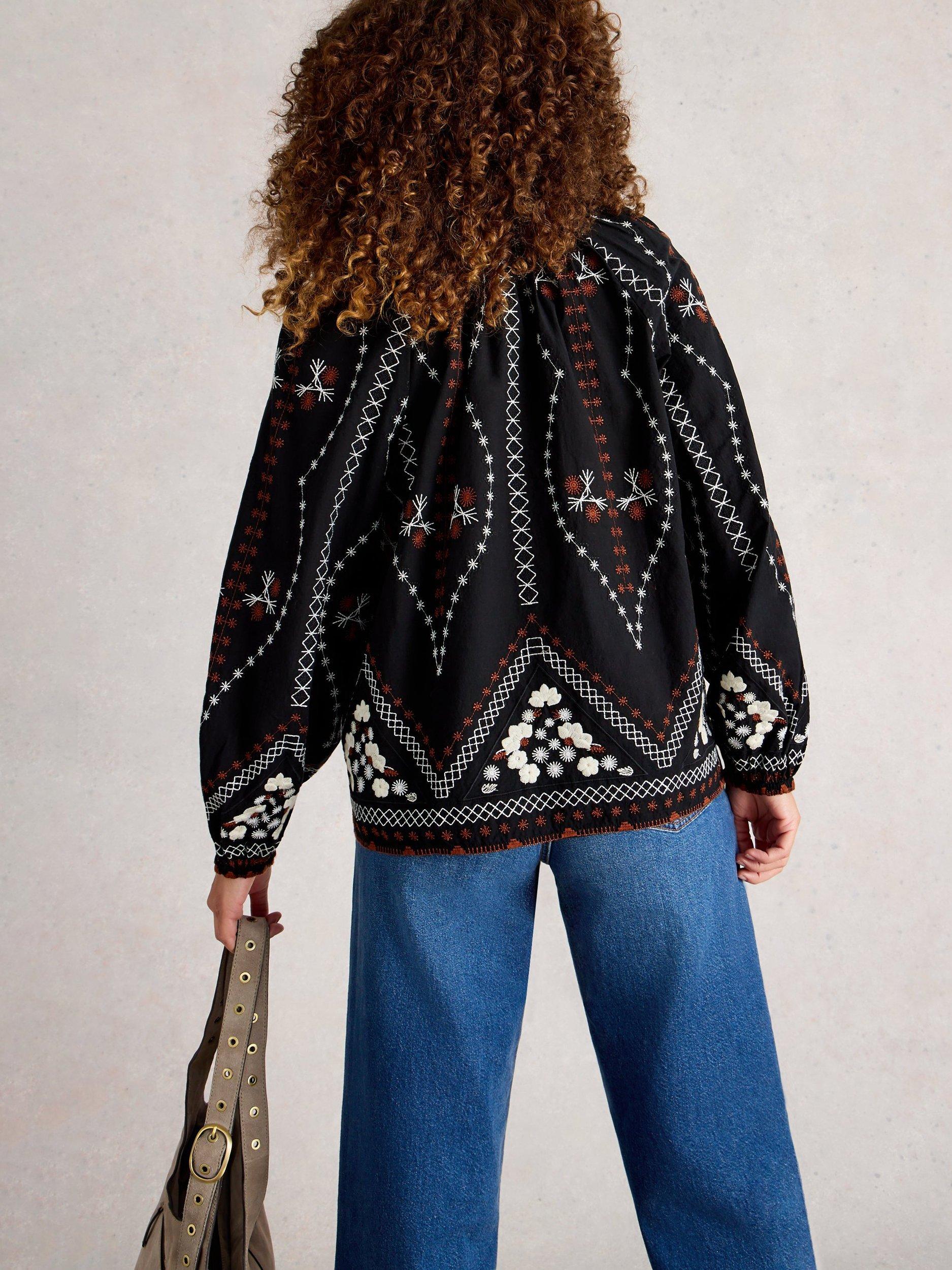 Product image 2 of 6, which shows White Stuff Aurora Embroidered Organic Cotton Blouse, Black/Multi, 6