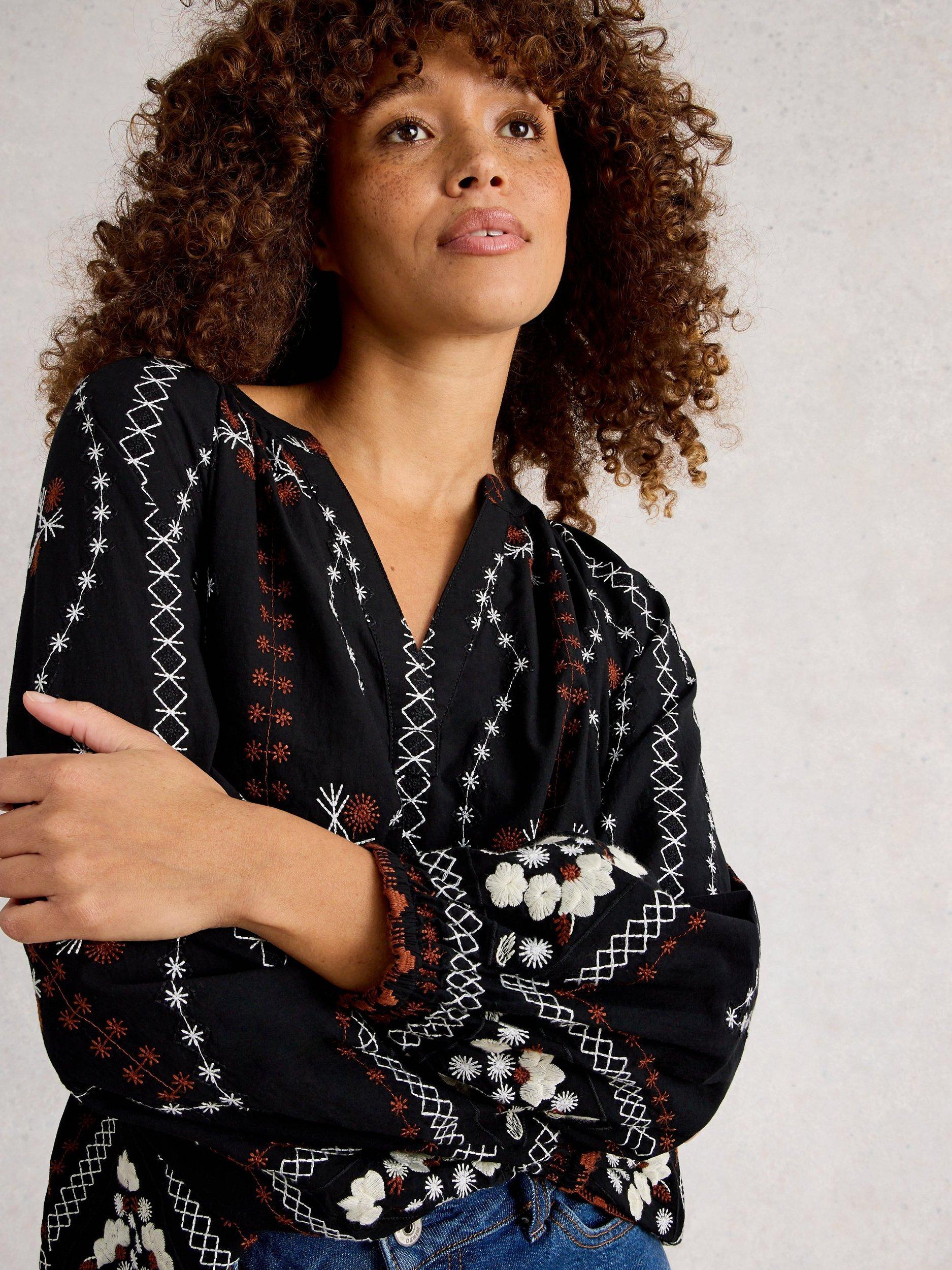 Product image 3 of 6, which shows White Stuff Aurora Embroidered Organic Cotton Blouse, Black/Multi, 6