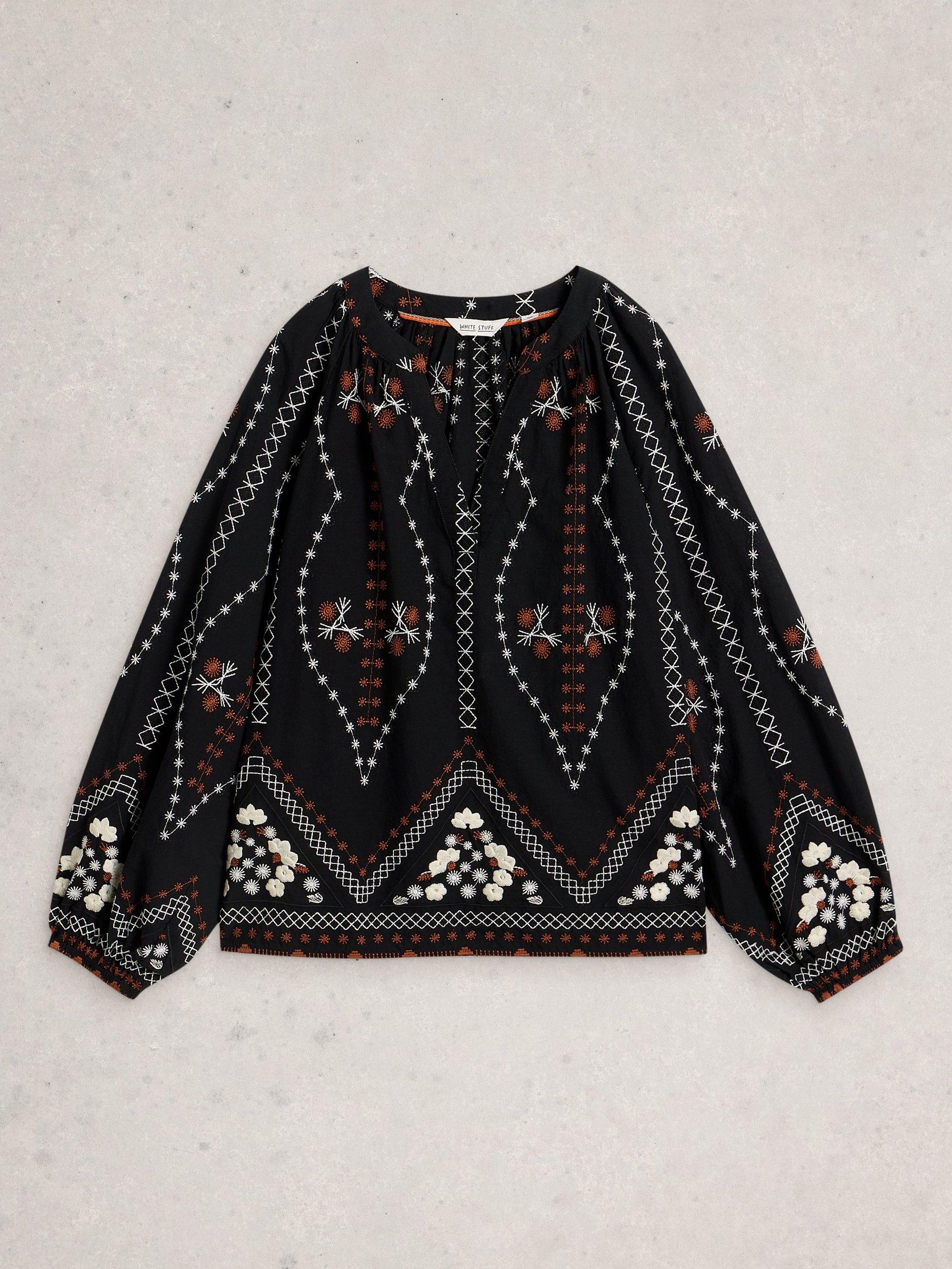 Product image 5 of 6, which shows White Stuff Aurora Embroidered Organic Cotton Blouse, Black/Multi, 6