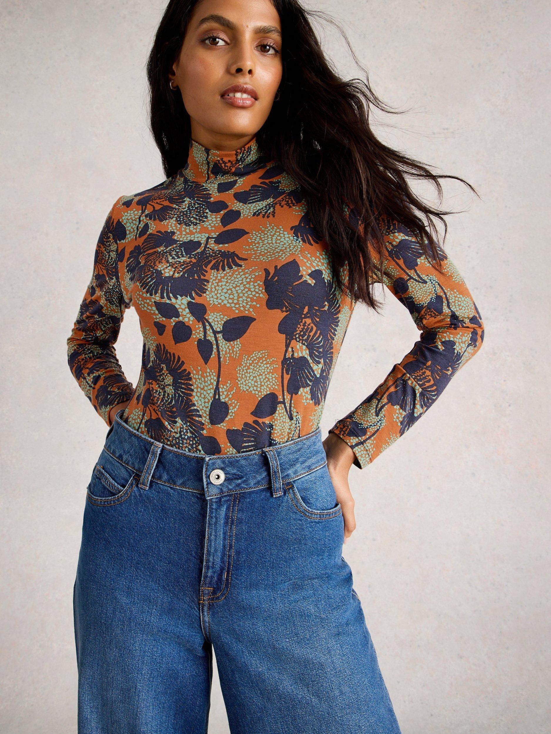 Product image 3 of 6, which shows White Stuff Camille Floral Leaves High Neck Top, Orange/Multi, 16