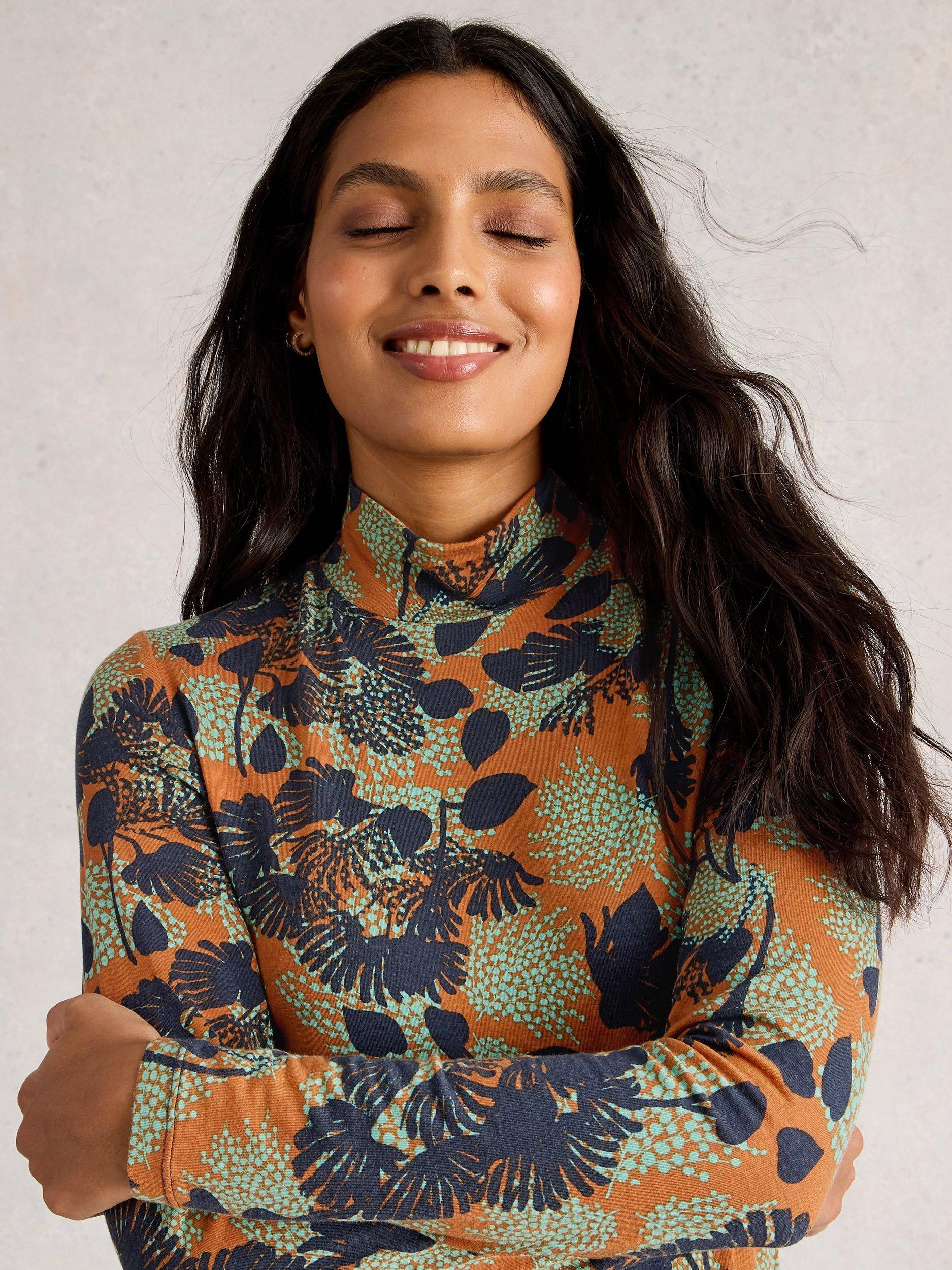Product image 4 of 6, which shows White Stuff Camille Floral Leaves High Neck Top, Orange/Multi, 16