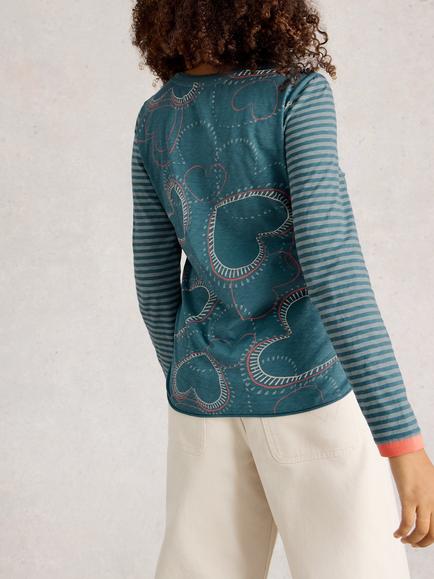 White Stuff Clara Heart Stripe Sleeve Top, Blue/Multi - view 2, Blue/Multi