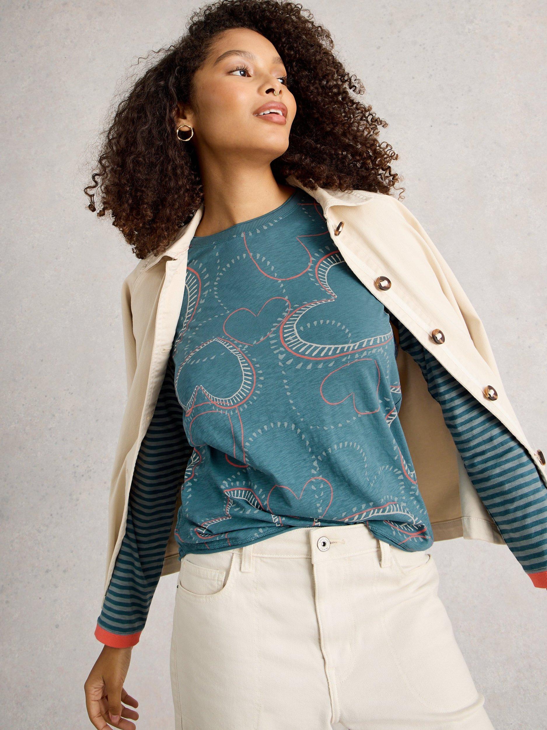 Product image 4 of 6, which shows White Stuff Clara Heart Stripe Sleeve Top, Blue/Multi, 6