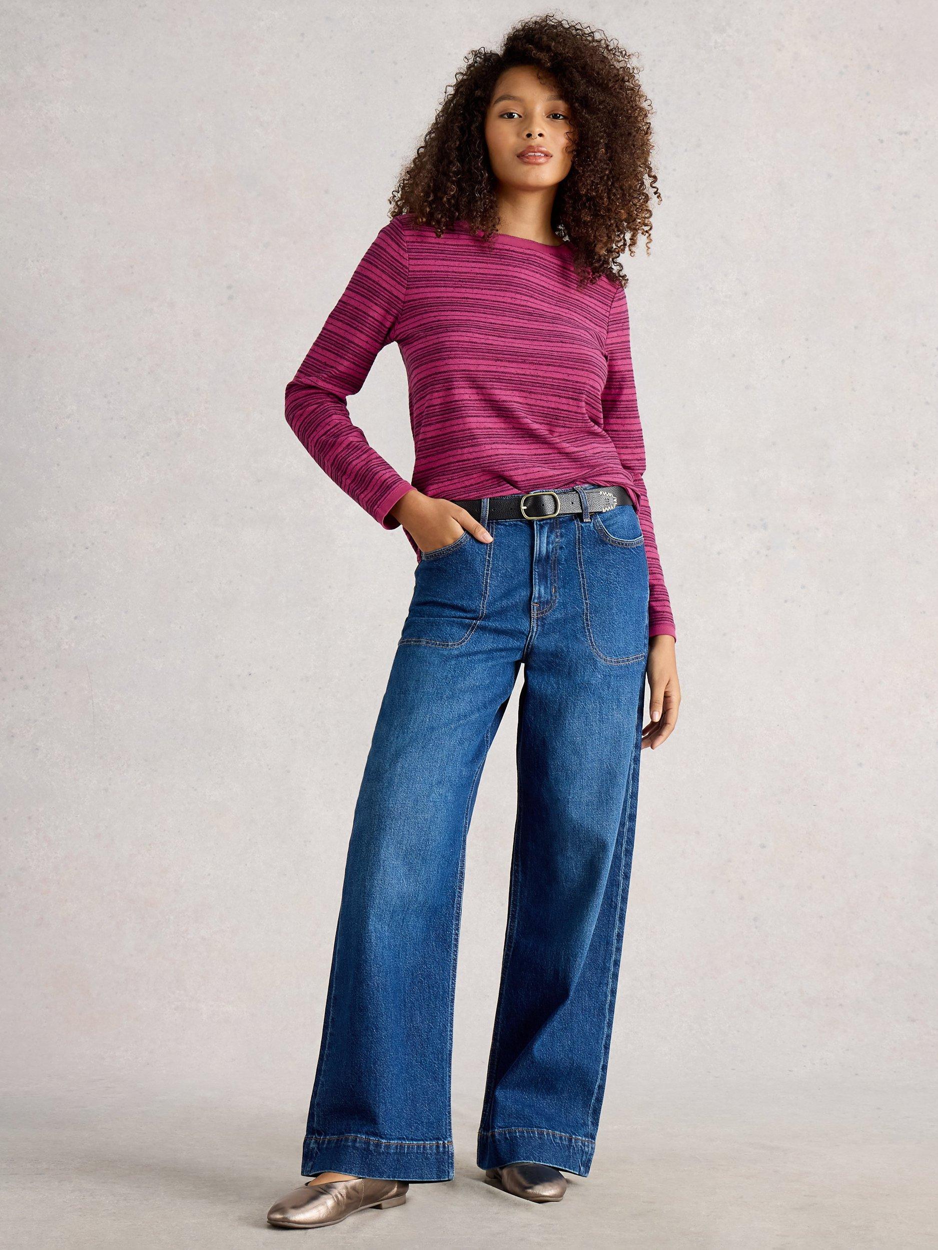 Product image 1 of 6, which shows White Stuff Clara Striped Boat Neck T-Shirt, Dk Plum, 10