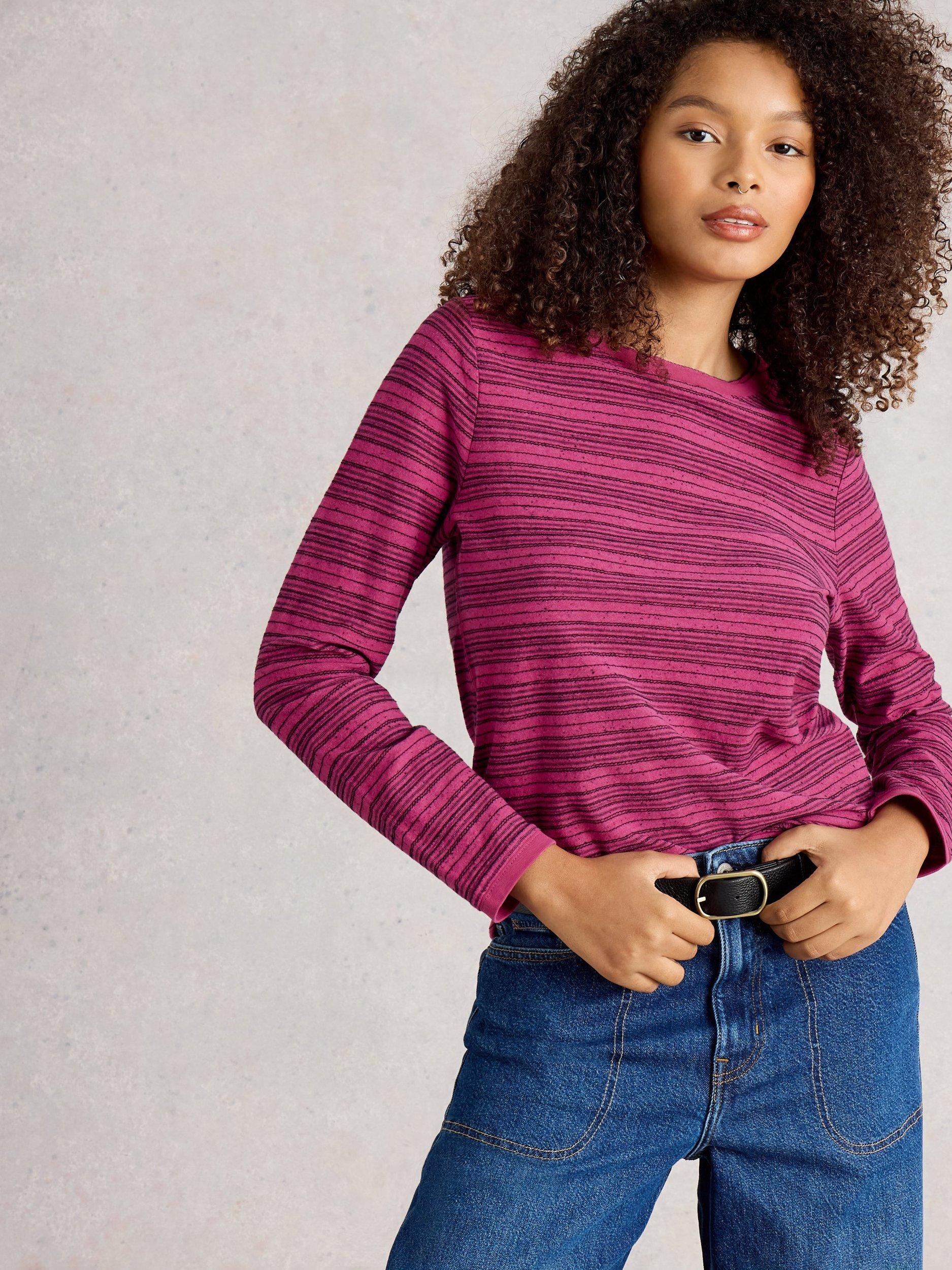 Product image 3 of 6, which shows White Stuff Clara Striped Boat Neck T-Shirt, Dk Plum, 10