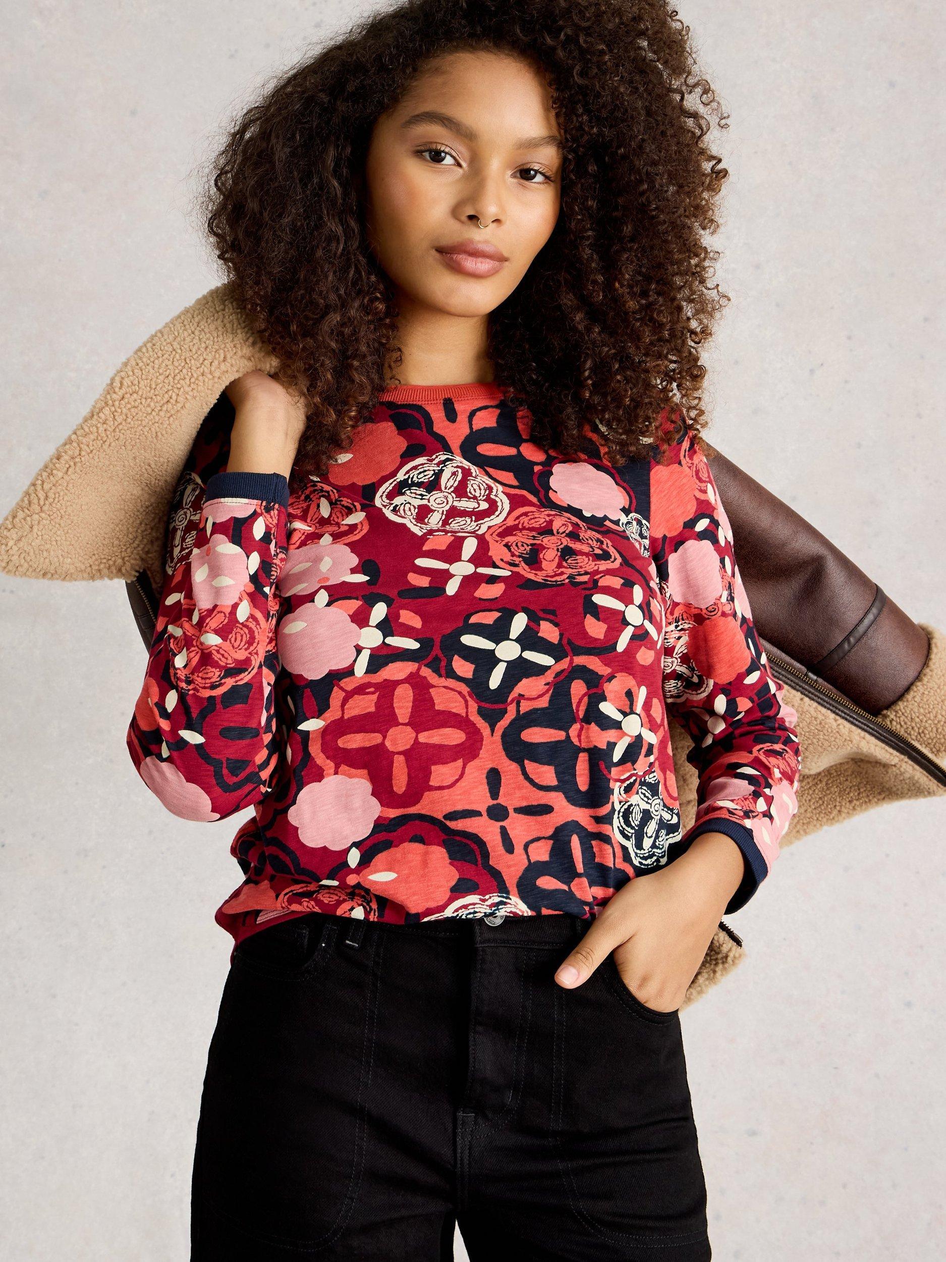 Product image 1 of 6, which shows White Stuff Clara Long Sleeve Patterned T-Shirt, Red/Multi, 8