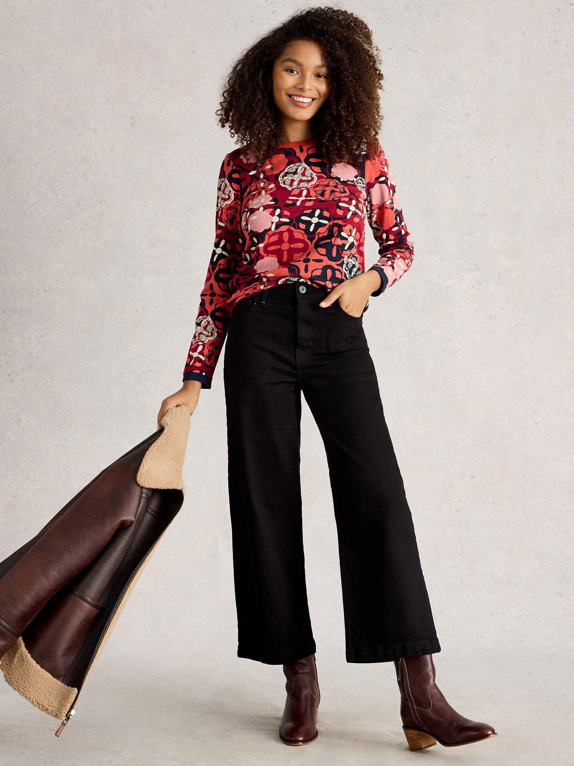 Product image 3 of 6, which shows White Stuff Clara Long Sleeve Patterned T-Shirt, Red/Multi, 8