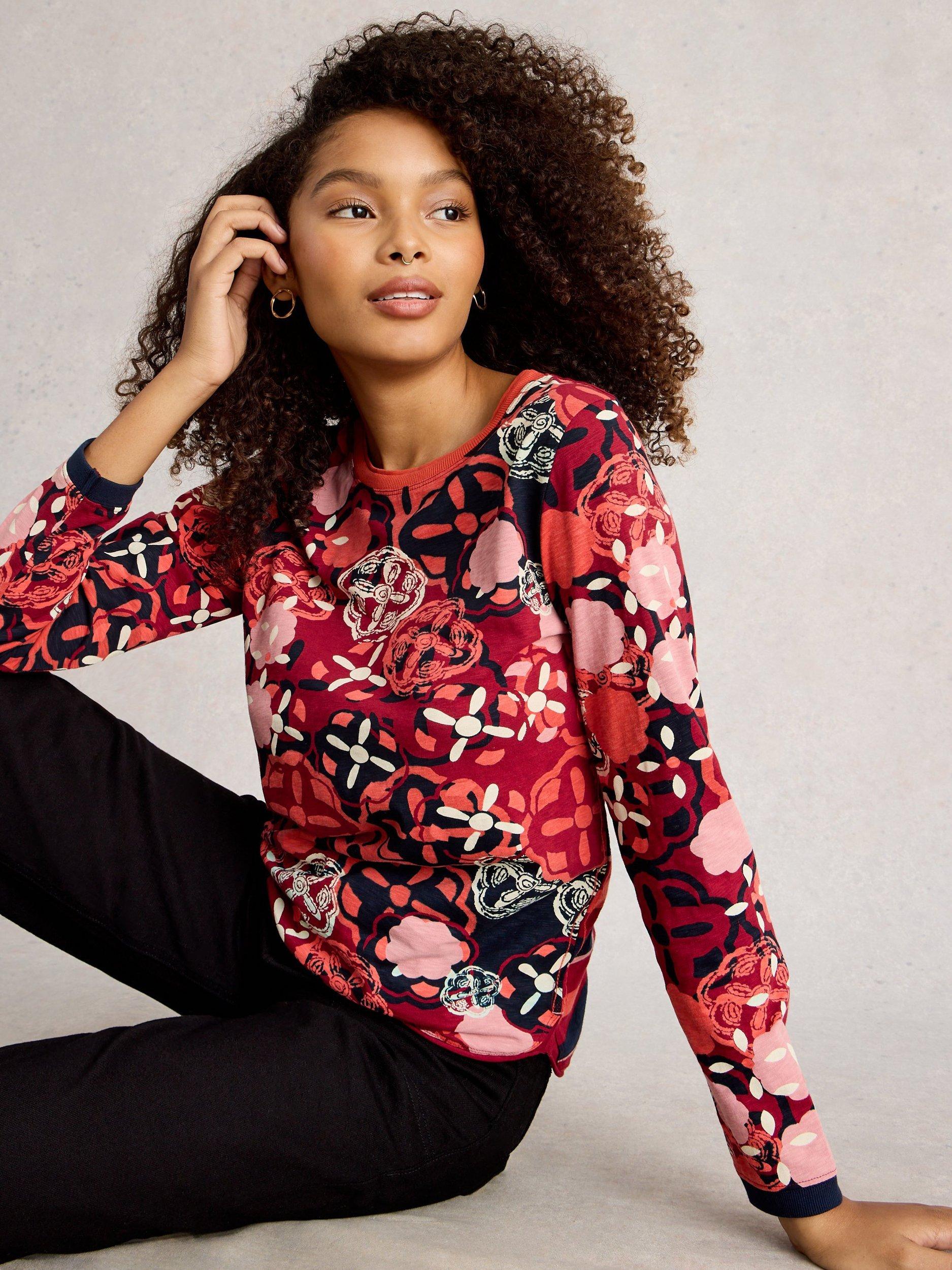 Product image 4 of 6, which shows White Stuff Clara Long Sleeve Patterned T-Shirt, Red/Multi, 8