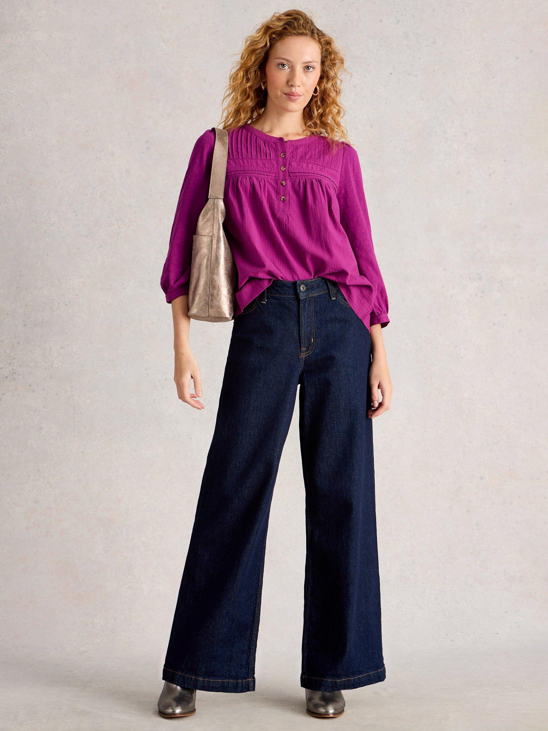 Product image 1 of 6, which shows White Stuff Isla Cotton Long Sleeve Crew Neck Blouse, Purple, 6