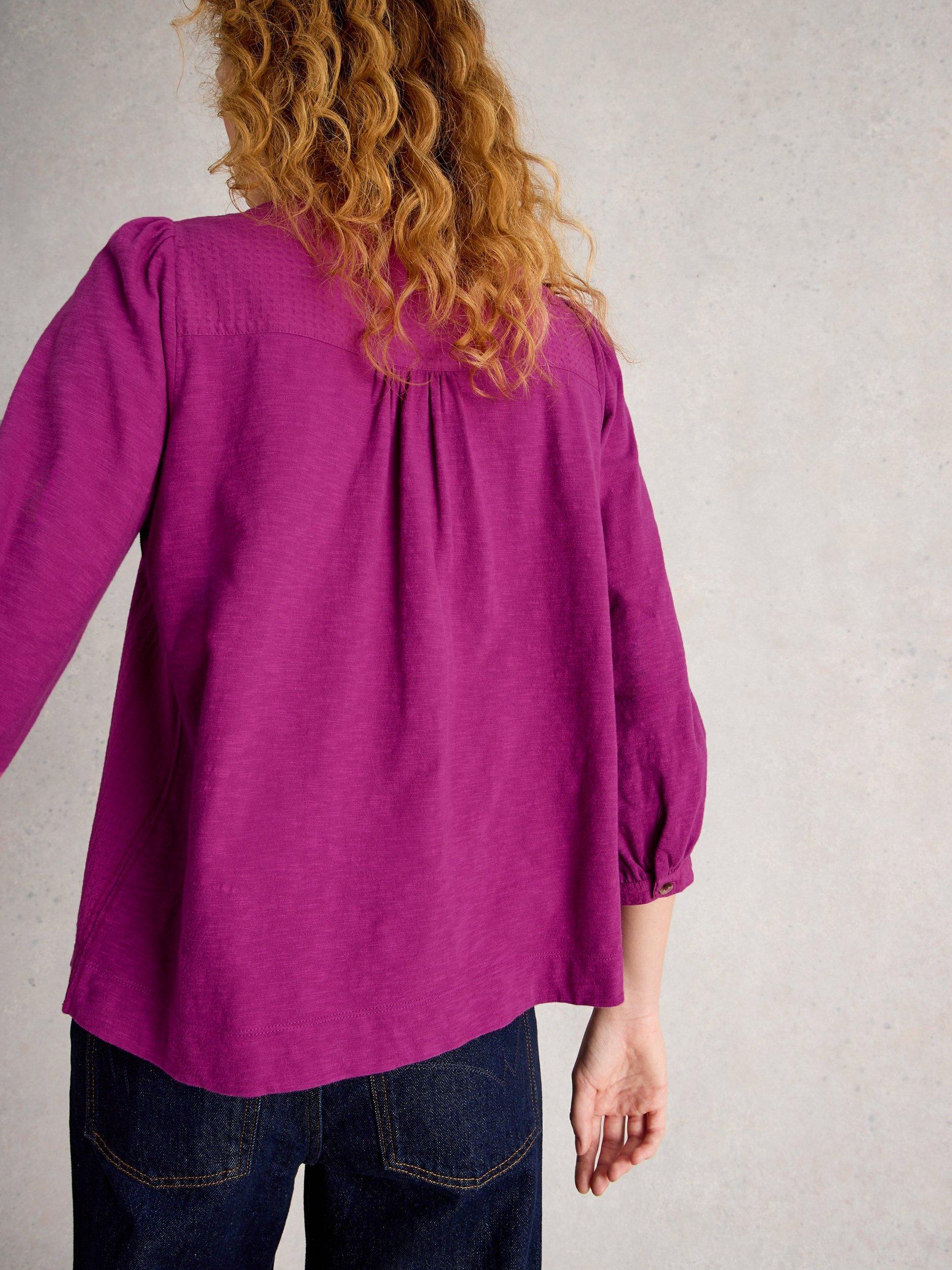 Product image 2 of 6, which shows White Stuff Isla Cotton Long Sleeve Crew Neck Blouse, Purple, 6