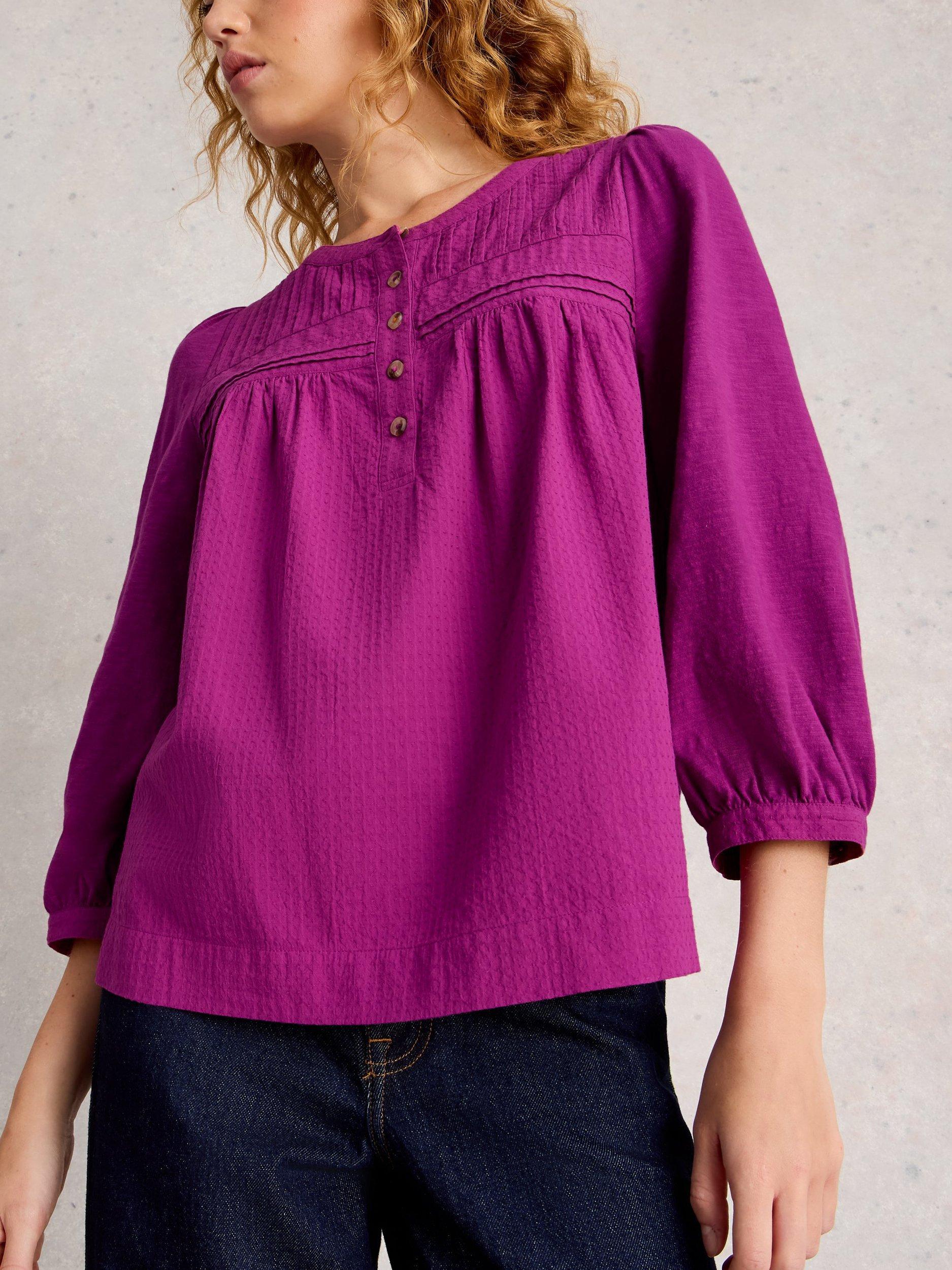Product image 3 of 6, which shows White Stuff Isla Cotton Long Sleeve Crew Neck Blouse, Purple, 6
