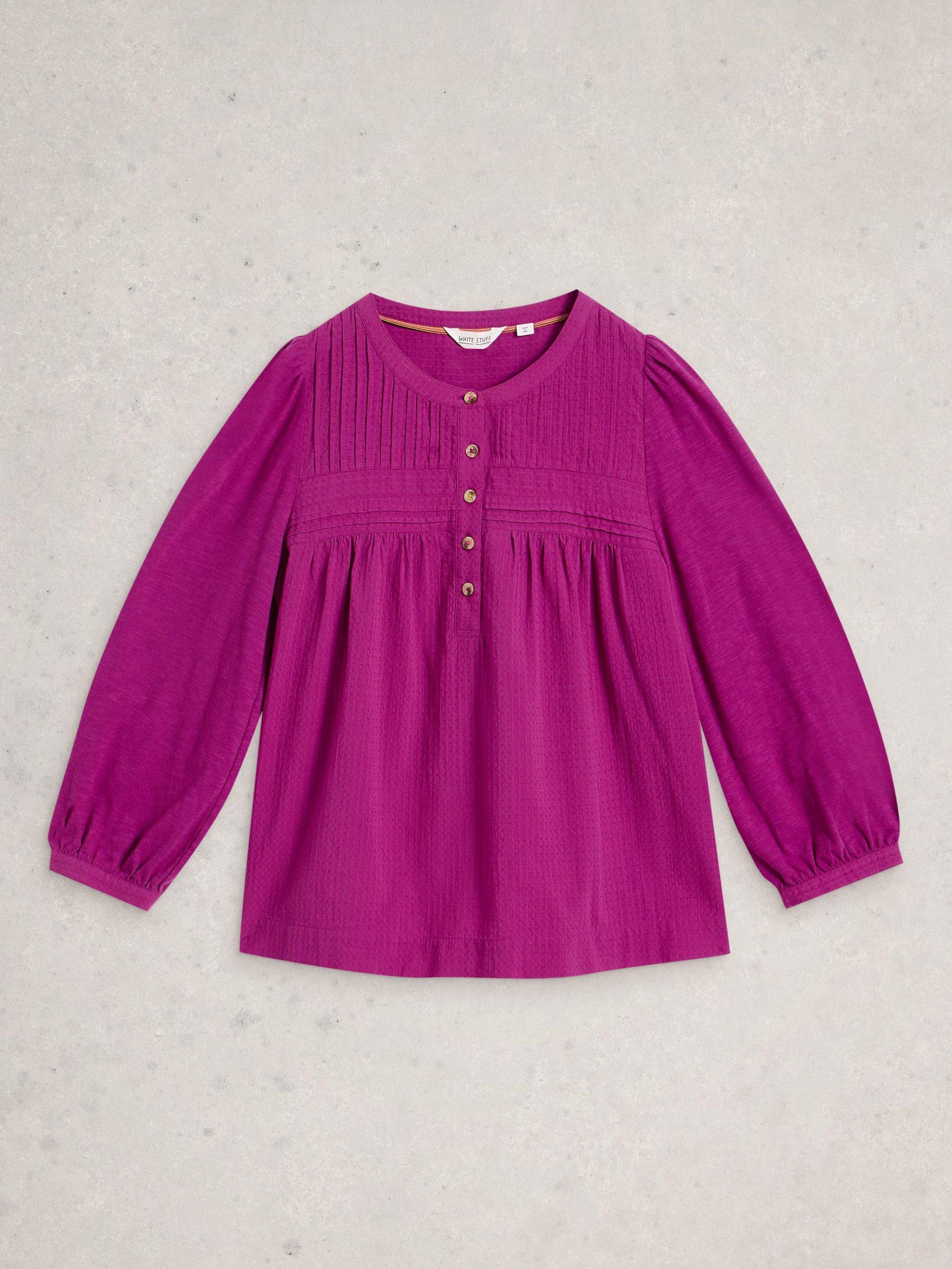 Product image 5 of 6, which shows White Stuff Isla Cotton Long Sleeve Crew Neck Blouse, Purple, 6