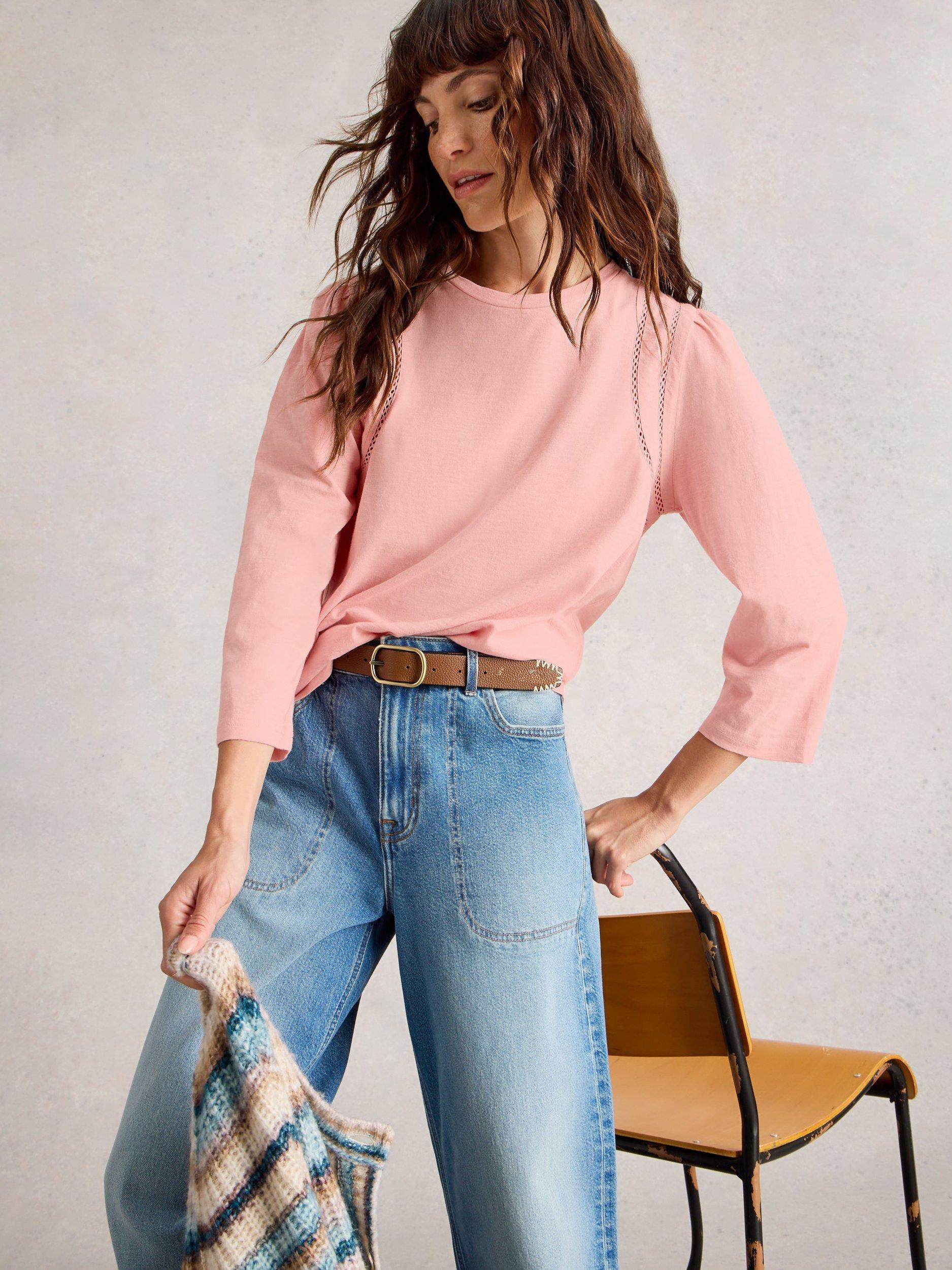 Product image 3 of 6, which shows White Stuff Lucy Ladder Trim Jersey Top, Mid Pink, 6