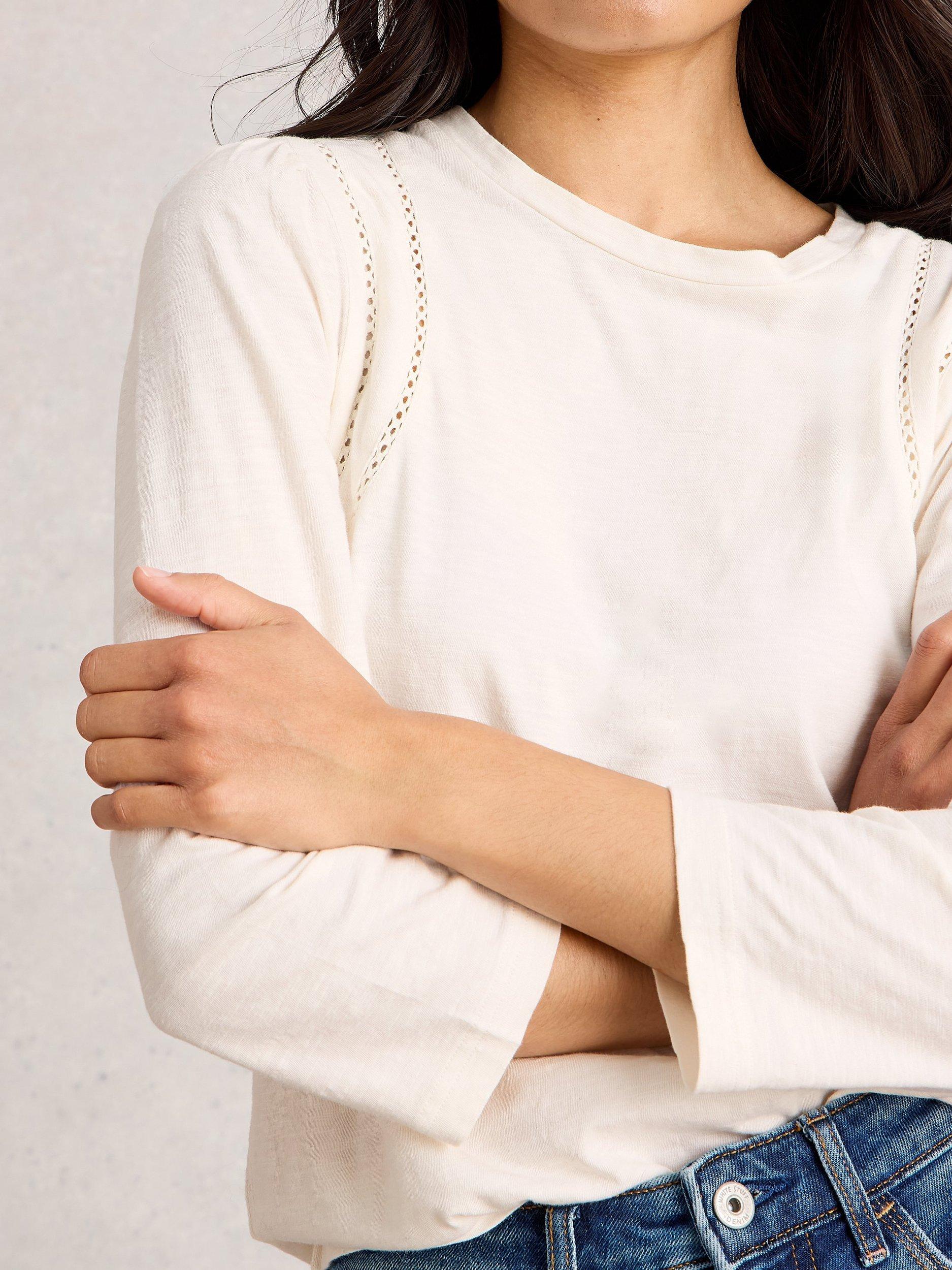 Product image 3 of 6, which shows White Stuff Lucy Ladder Trim Jersey Top, Pale Ivory, 10