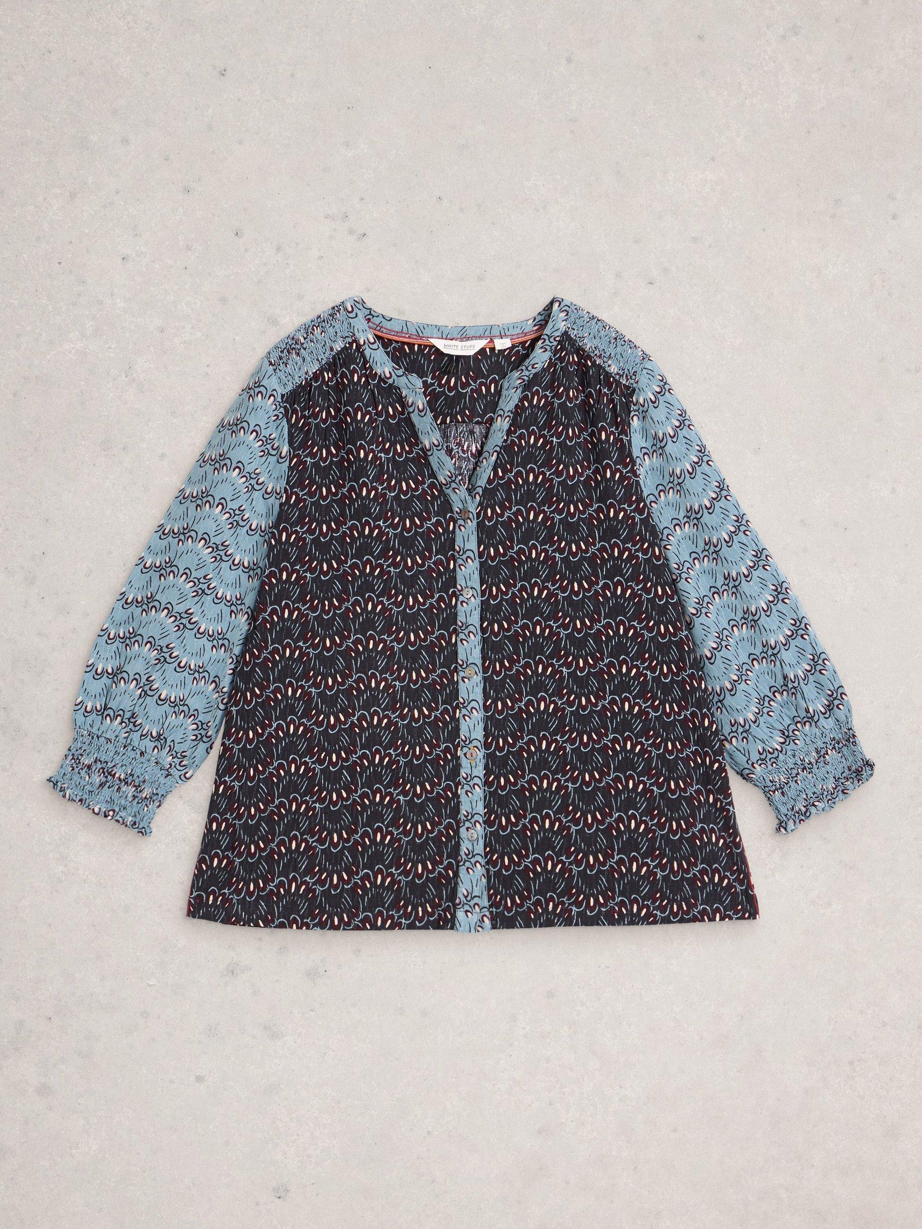 Product image 5 of 6, which shows White Stuff May V-Neck Mixed Ikat Print Blouse, Blue/Multi, 12