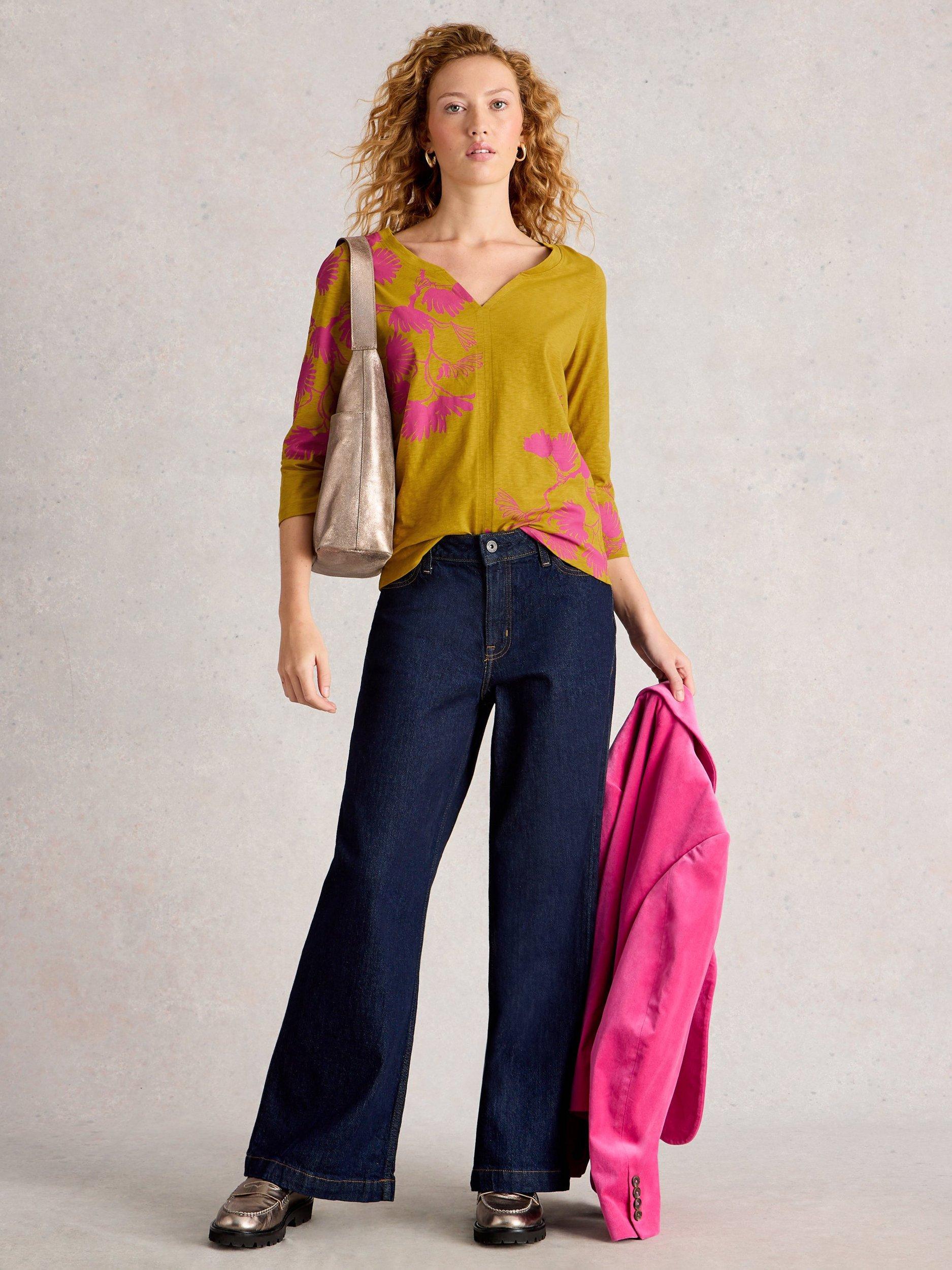 Product image 1 of 6, which shows White Stuff Nelly Abstract Floral Jersey Top, Yellow/Multi, 6