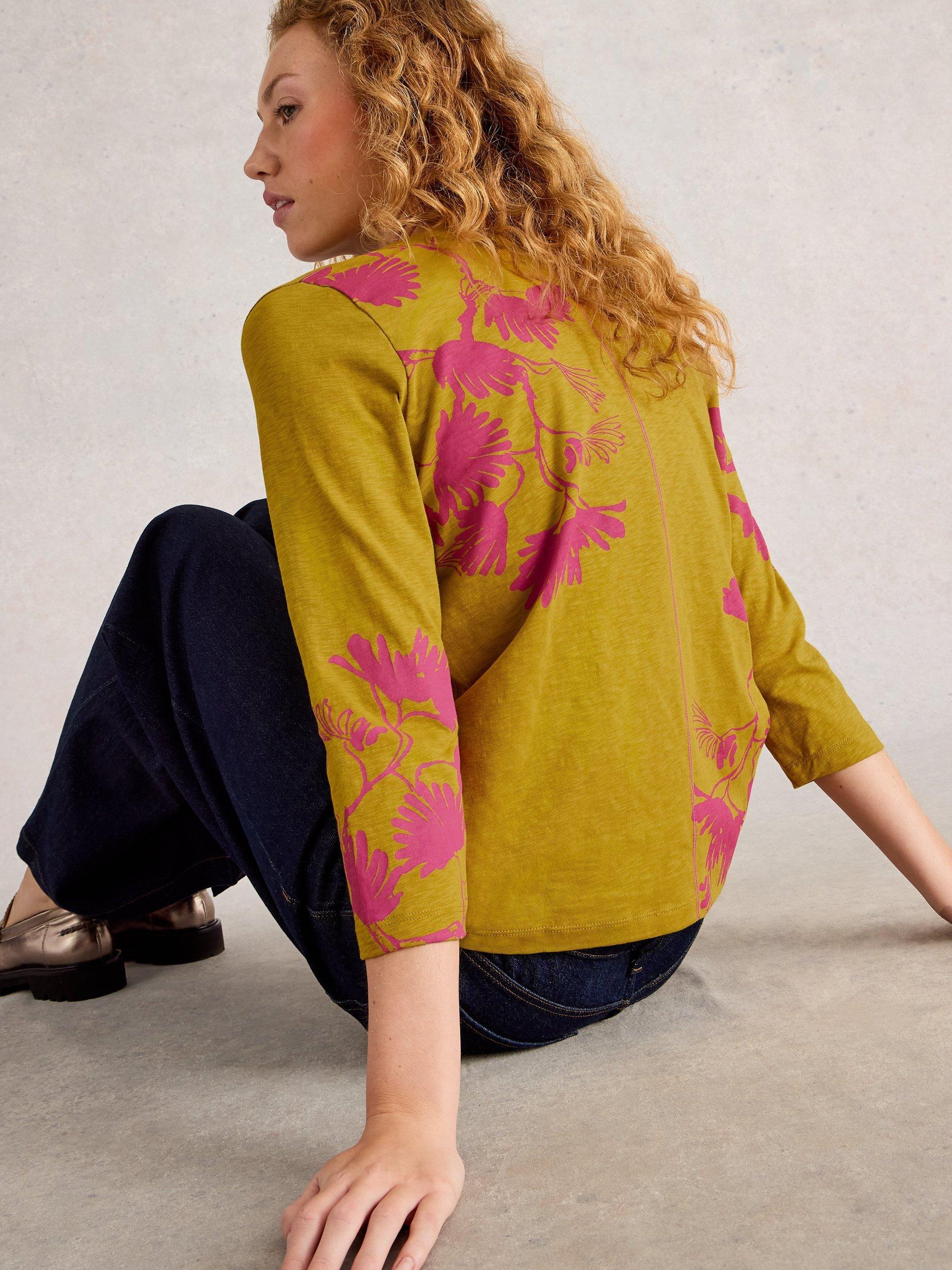 Product image 2 of 6, which shows White Stuff Nelly Abstract Floral Jersey Top, Yellow/Multi, 6