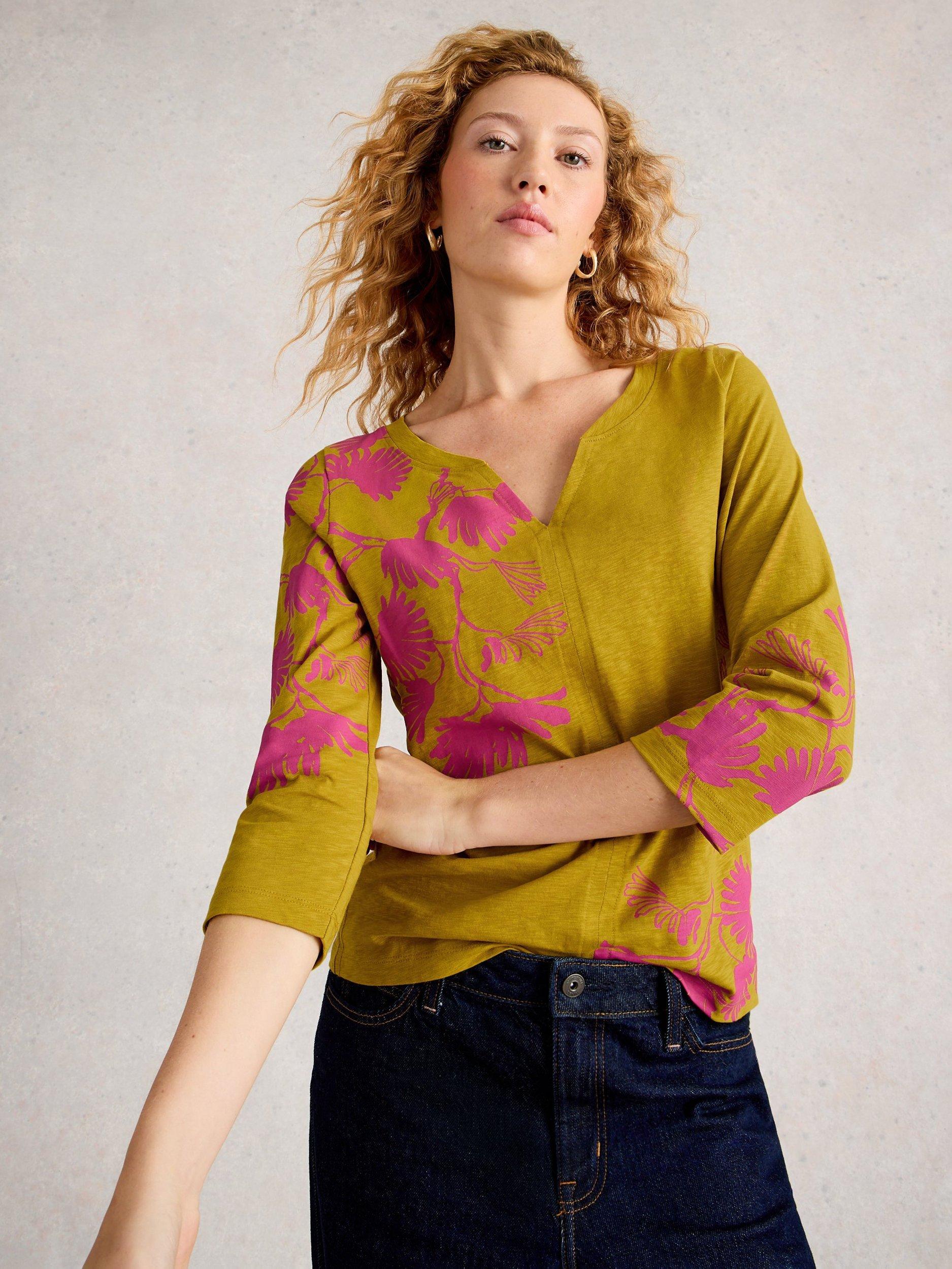 Product image 3 of 6, which shows White Stuff Nelly Abstract Floral Jersey Top, Yellow/Multi, 6