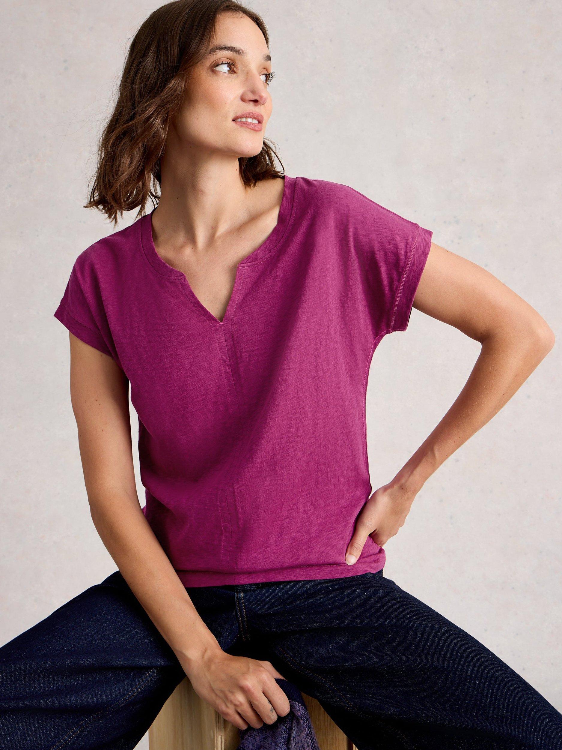 Product image 1 of 6, which shows White Stuff Nelly Notch Neck T-Shirt, Dark Plum, 6