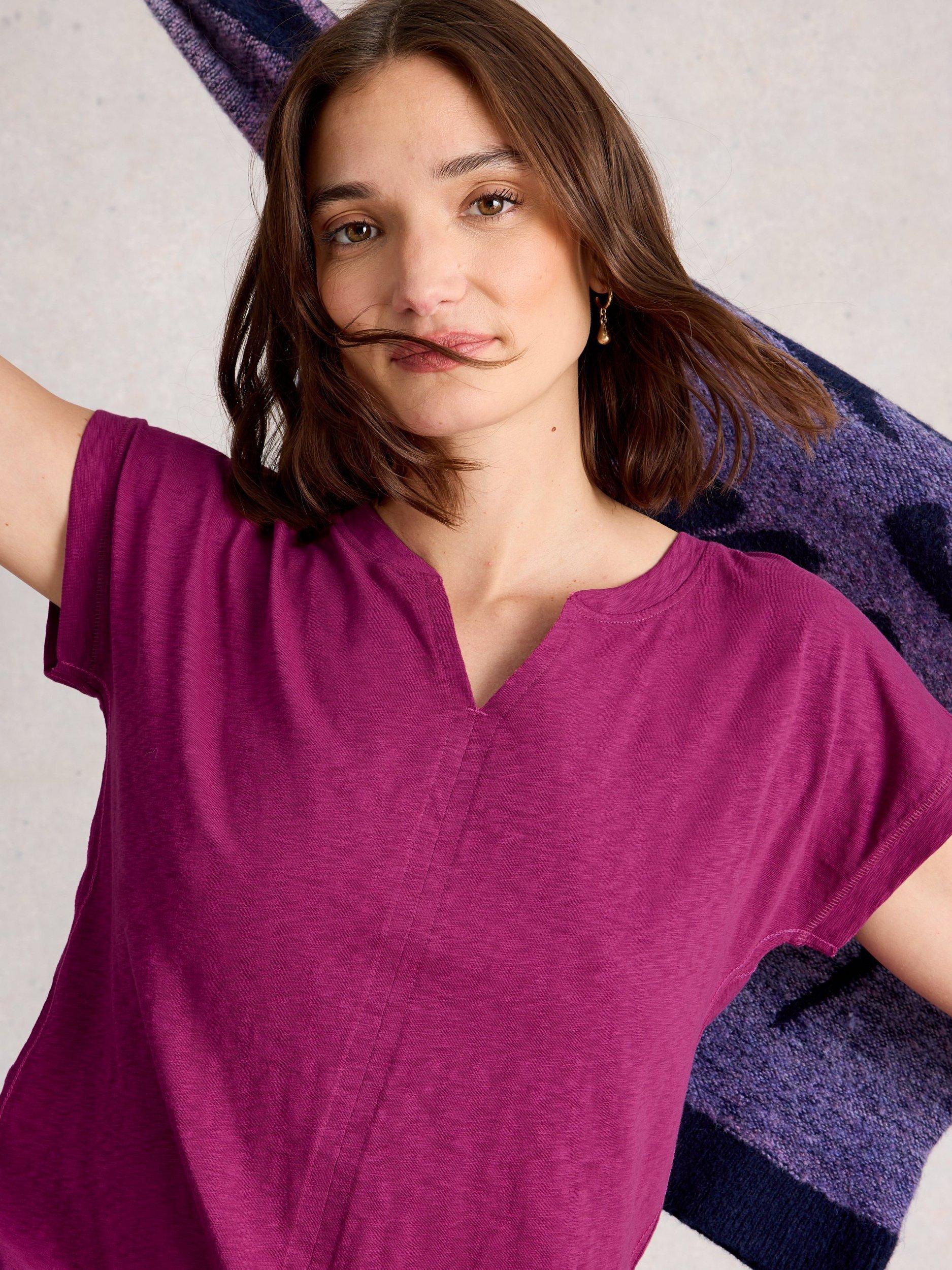 Product image 3 of 6, which shows White Stuff Nelly Notch Neck T-Shirt, Dark Plum, 6