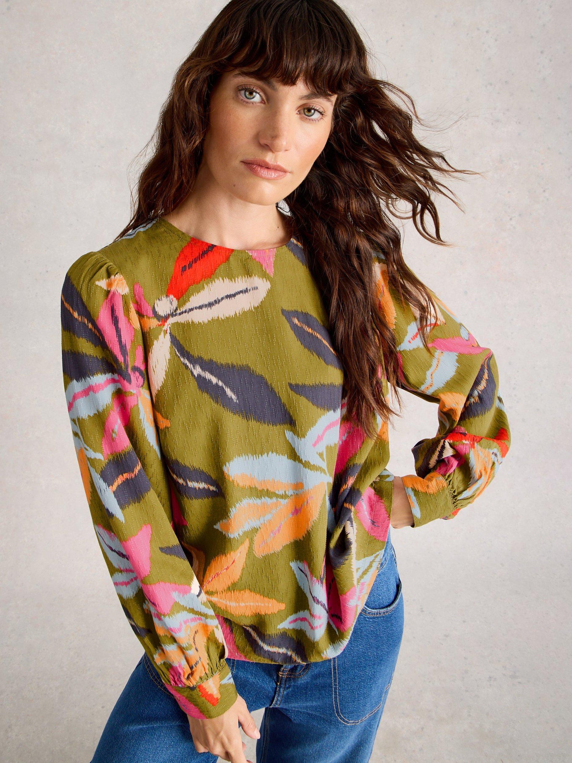 Product image 1 of 2, which shows White Stuff Ulla Leaves Crew Neck Top, Green/Multi, 6