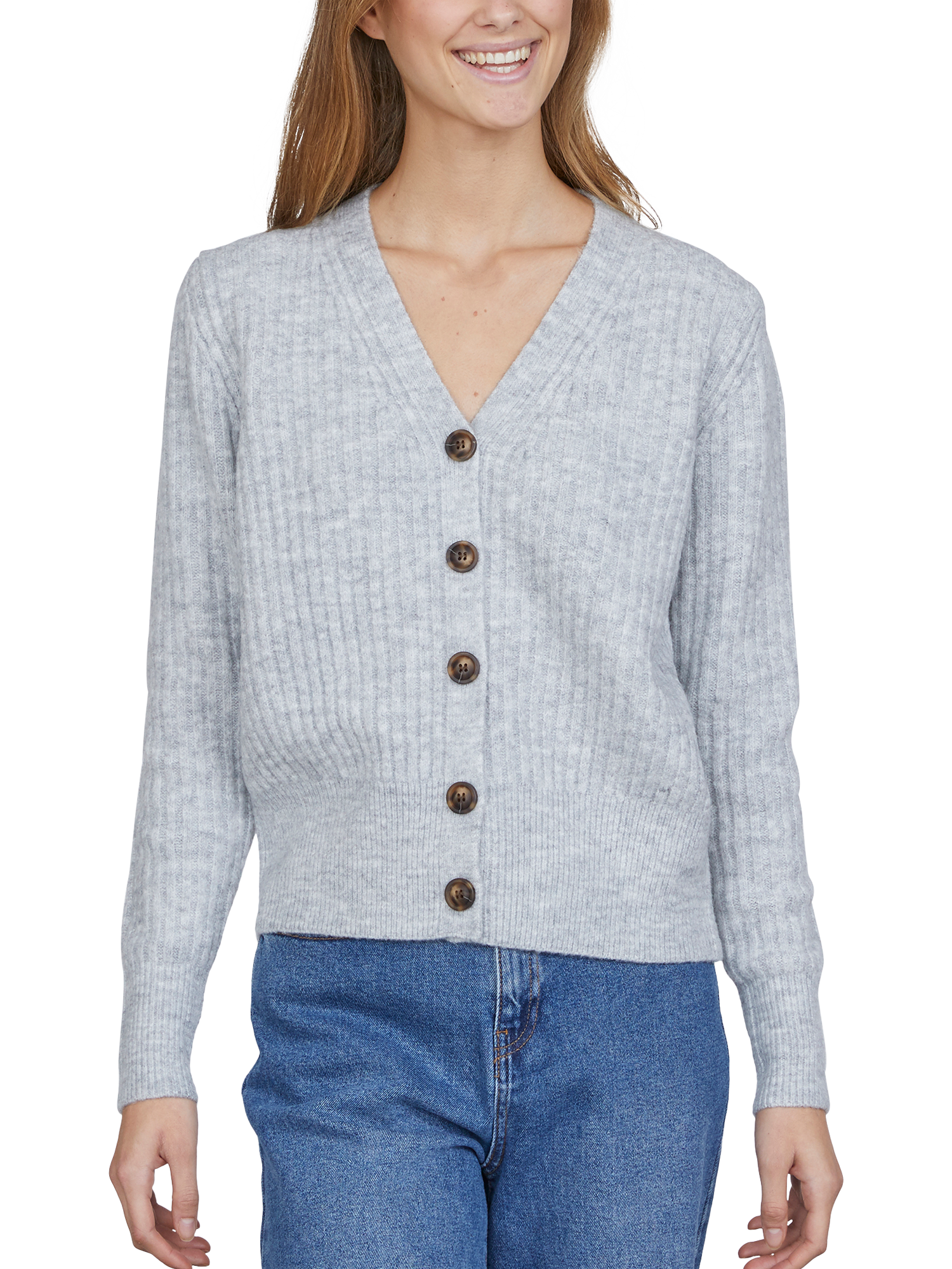 Product image 1 of 4, which shows Sisters Point Long Rib Knit Buttoned V-Neck Cardigan, Mid Grey, XS