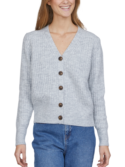 Sisters Point Long Rib Knit Buttoned V-Neck Cardigan, Mid Grey