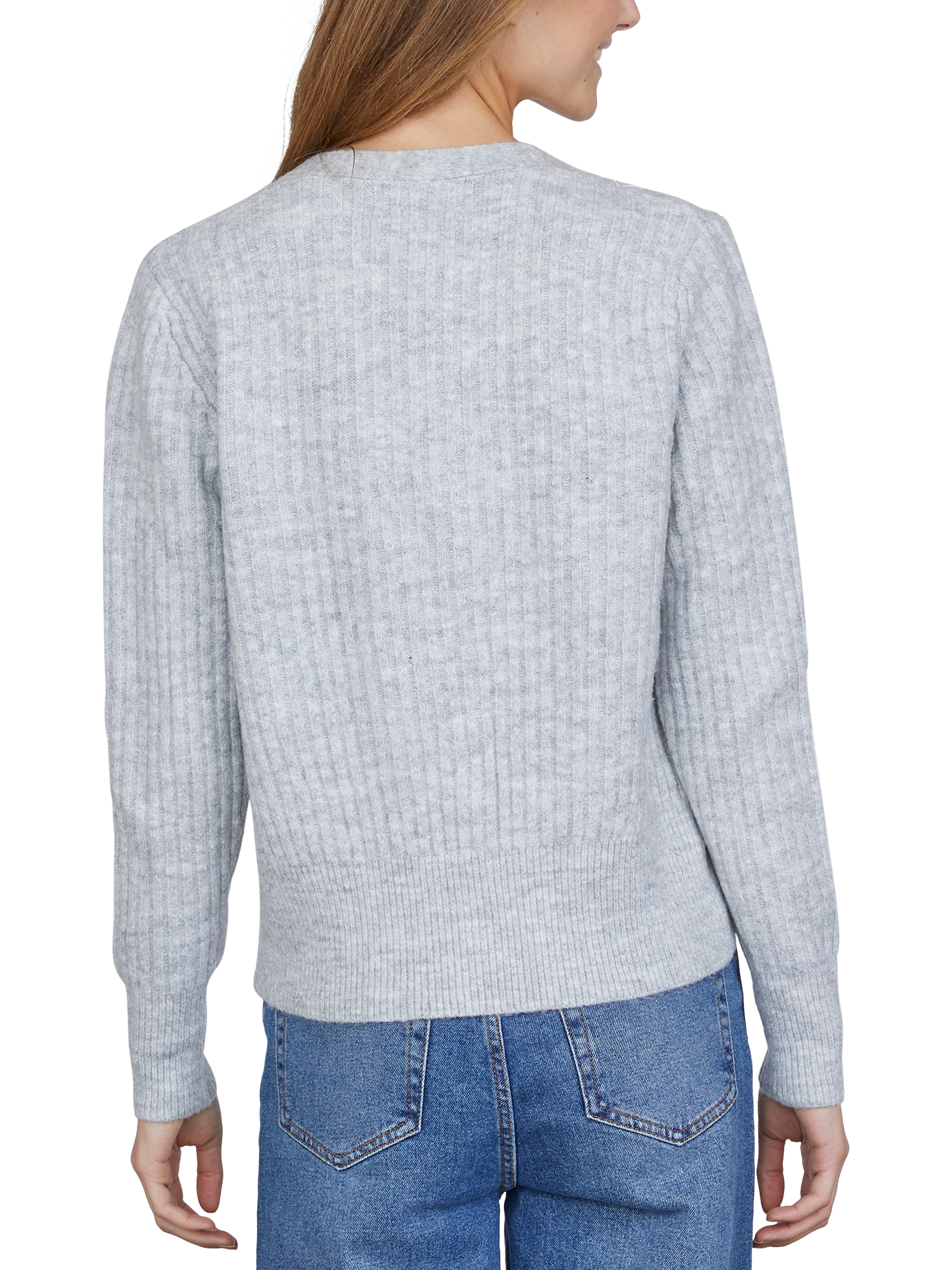 Product image 2 of 4, which shows Sisters Point Long Rib Knit Buttoned V-Neck Cardigan, Mid Grey, XS