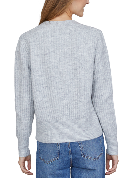 Sisters Point Long Rib Knit Buttoned V-Neck Cardigan - view 2, Mid Grey