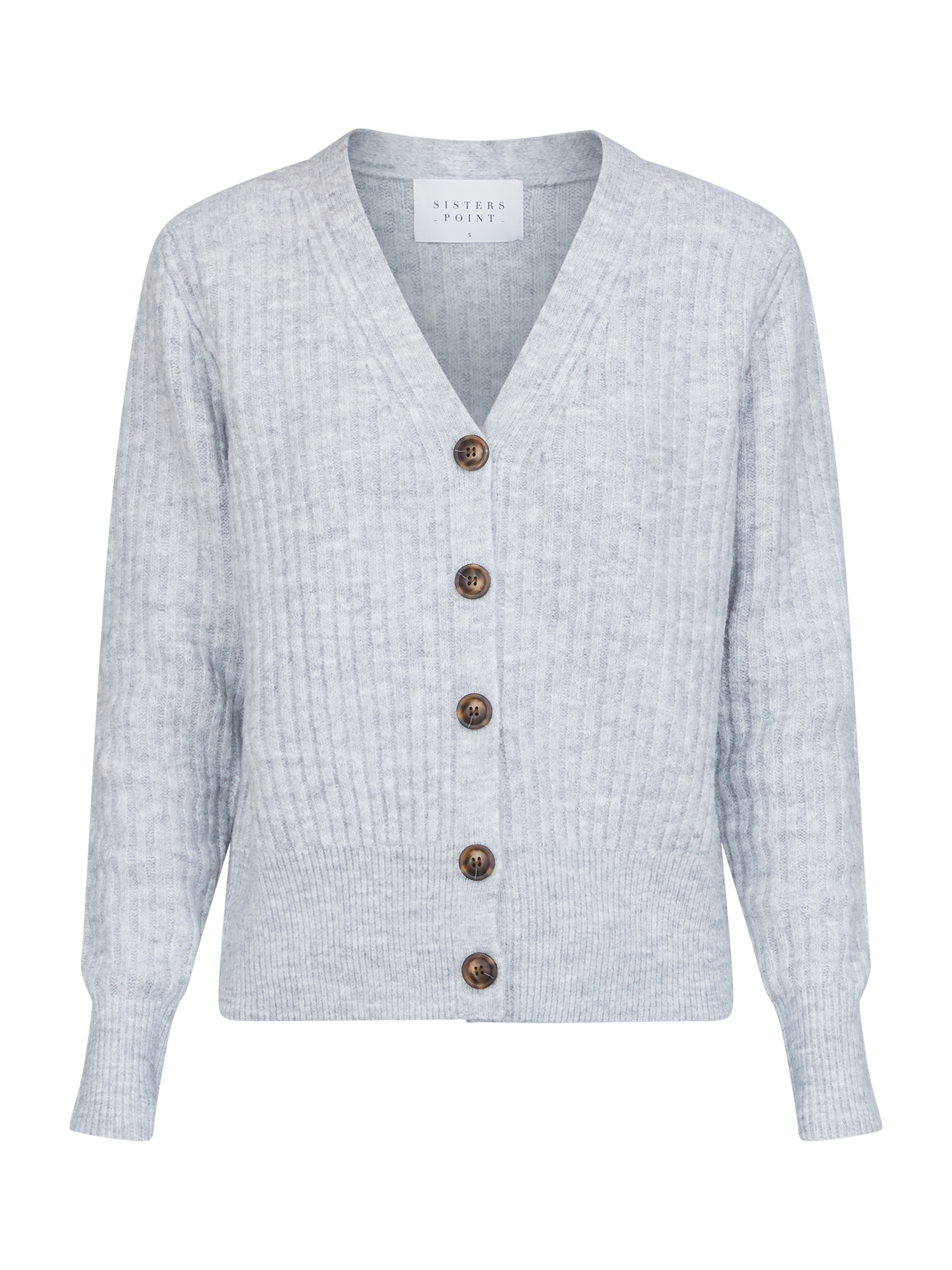 Product image 3 of 4, which shows Sisters Point Long Rib Knit Buttoned V-Neck Cardigan, Mid Grey, XS