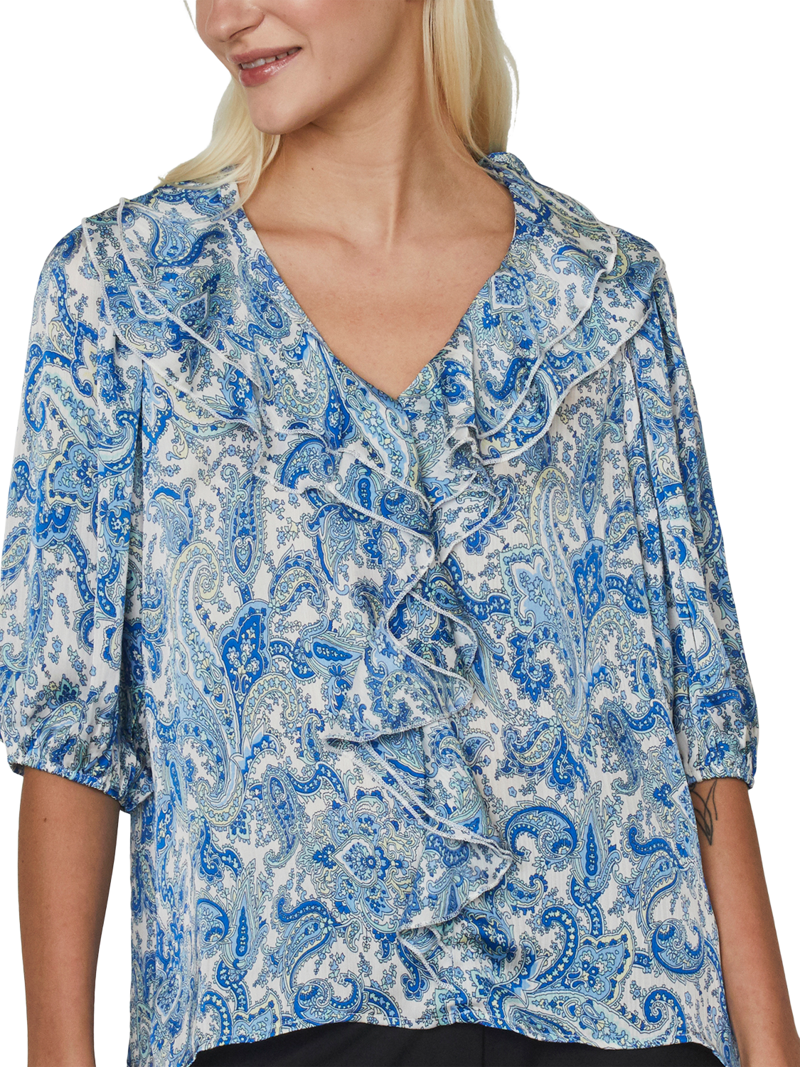 Product image 1 of 4, which shows Sisters Point Got Paisley Ruffle Top, Blue/Multi, XS