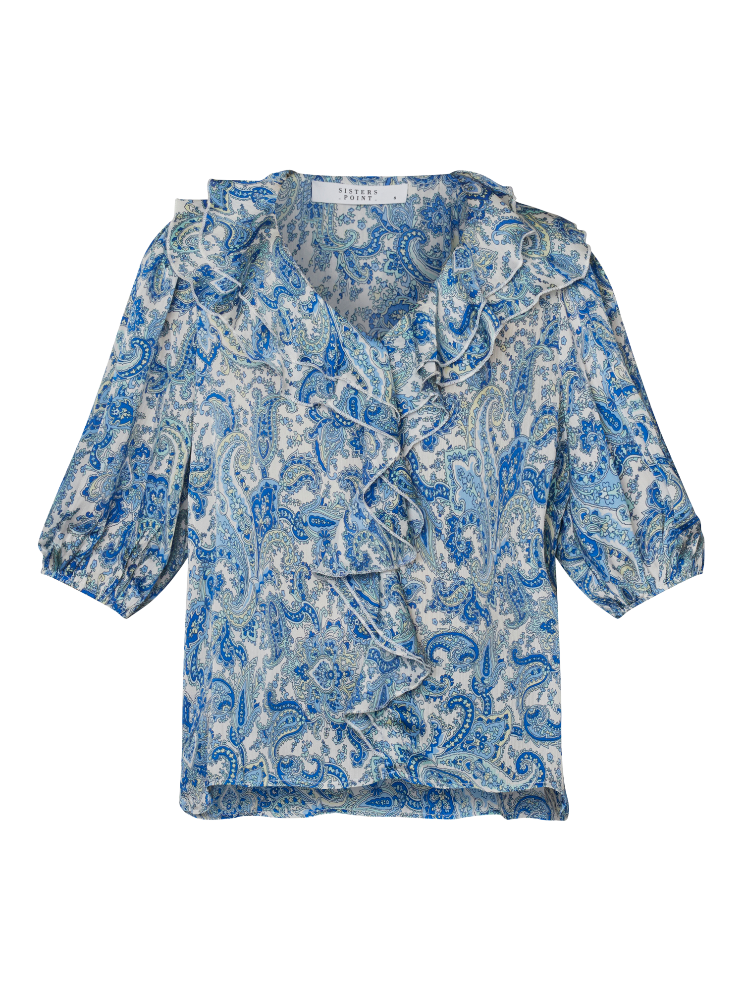 Product image 3 of 4, which shows Sisters Point Got Paisley Ruffle Top, Blue/Multi, XS