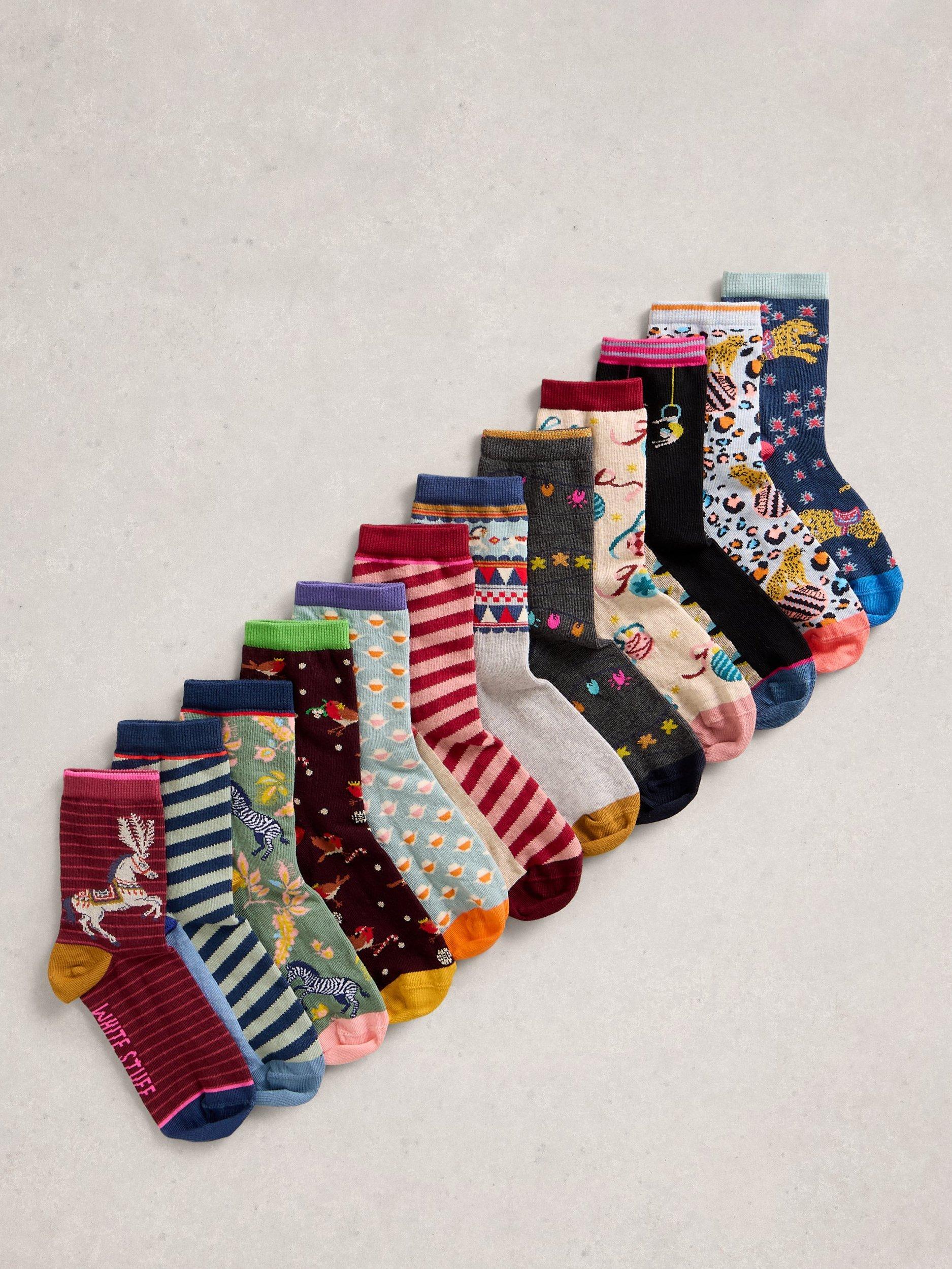 Product image 4 of 6, which shows White Stuff Advent Socks, Pack of 12, Pink/Multi, One Size