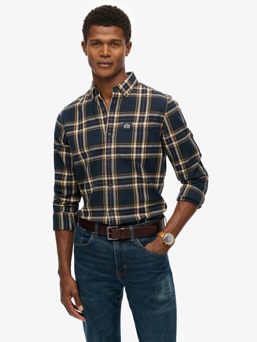Product image 1 of 6, which shows Superdry Cotton Regular Fit Check Lumberjack Shirt, Navy, S