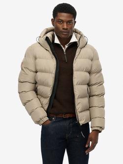Superdry Hooded Sports Puffer Jacket, Winter Twig Beige, Winter Twig Beige