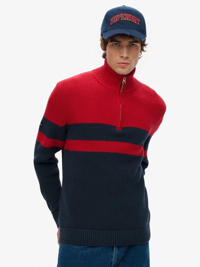 Product image 1 of 4, which shows Superdry Cotton Classic Stripe Half-zip Jumper, Navy/Red, S