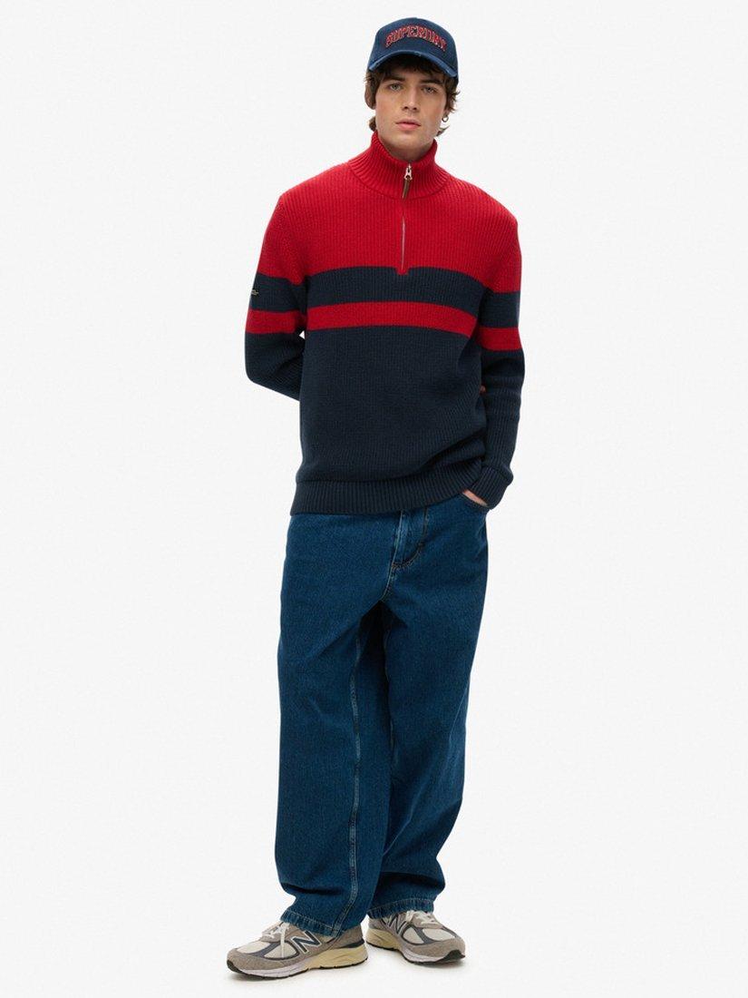 Product image 3 of 4, which shows Superdry Cotton Classic Stripe Half-zip Jumper, Navy/Red, S