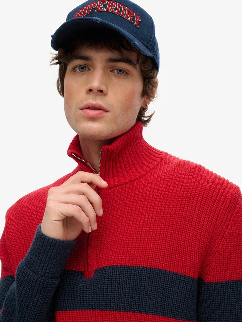 Product image 4 of 4, which shows Superdry Cotton Classic Stripe Half-zip Jumper, Navy/Red, S