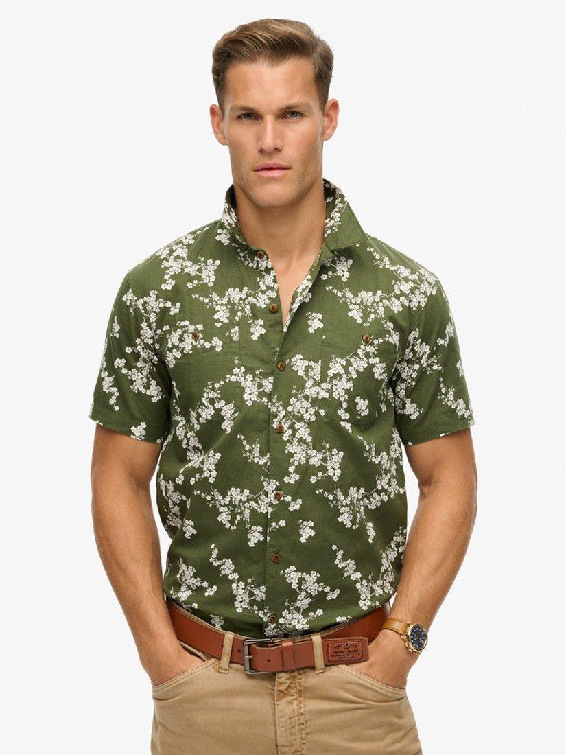 Product image 1 of 6, which shows Superdry Linen Blend Regular Fit Floral Beach Shirt, Olive Blossom, S