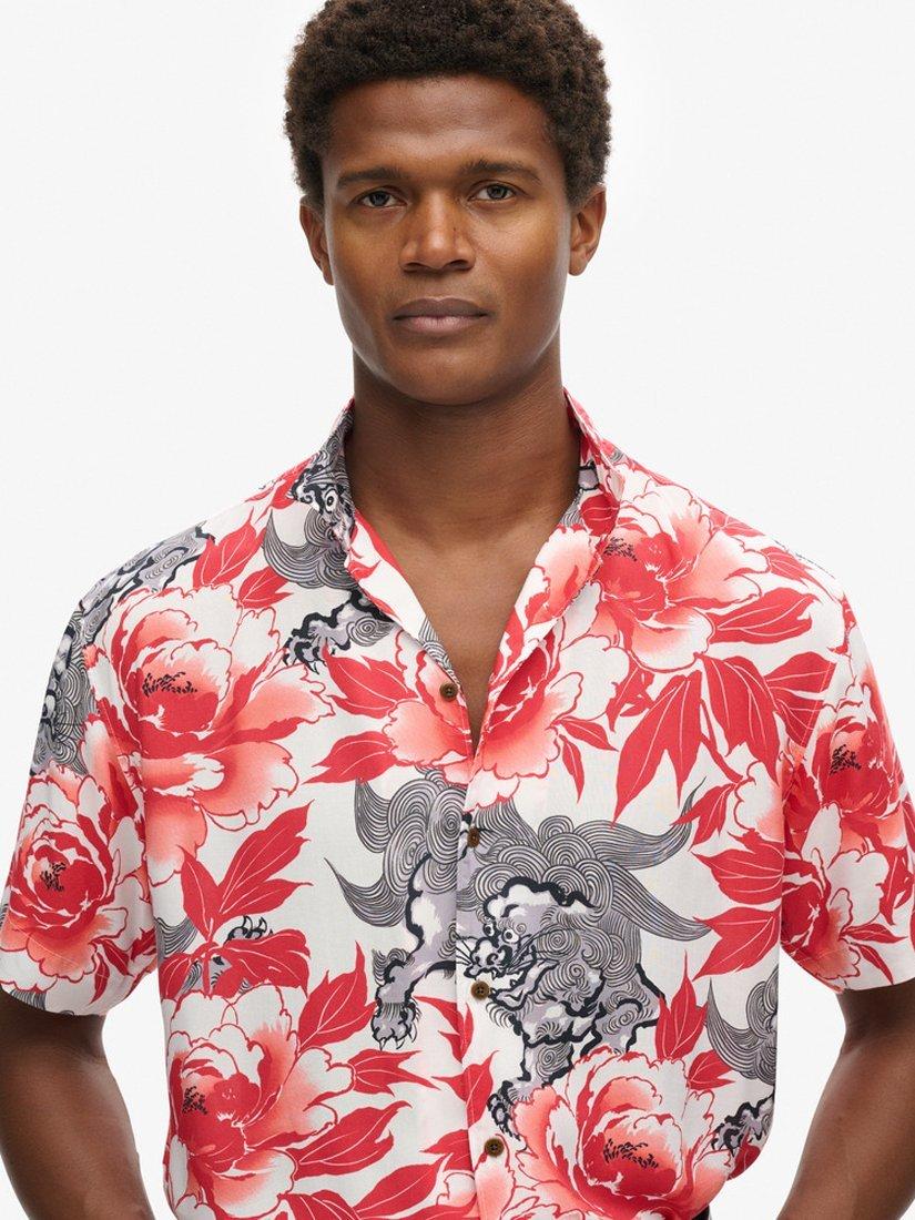 Product image 5 of 6, which shows Superdry Cotton Blend Regular Fit Floral Hawaiian Resort Shirt, Karashishi Red, S