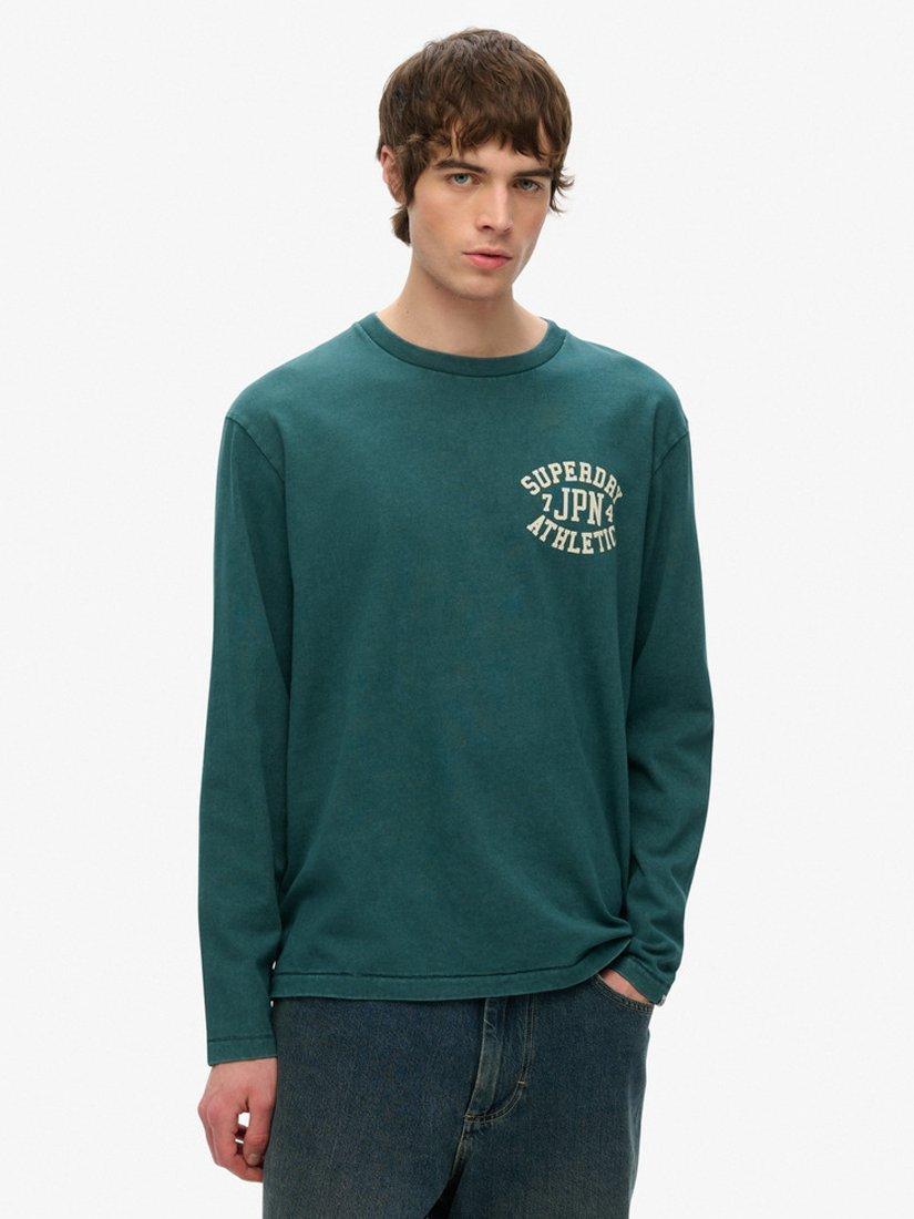 Product image 1 of 4, which shows Superdry Cotton Regular Fit Long Sleeve Athletic Essentials T-Shirt, Dark Pine Green, S
