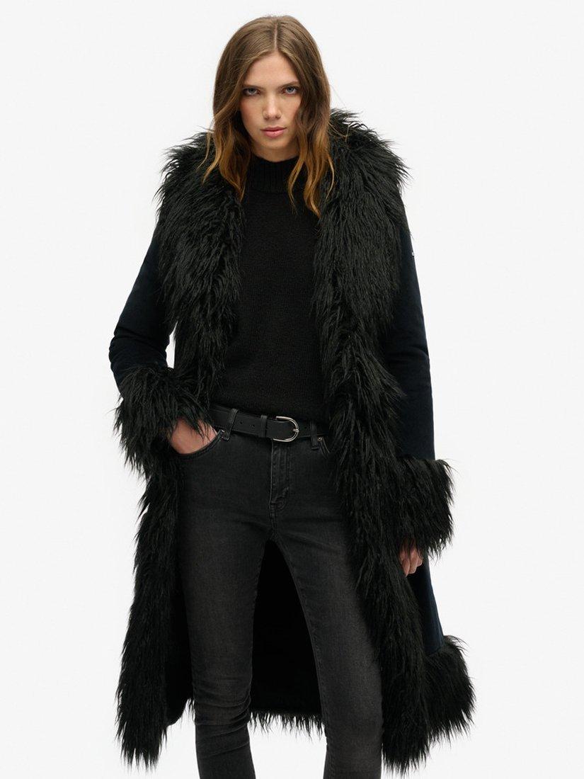 Superdry Longline Afghan Coat, Black